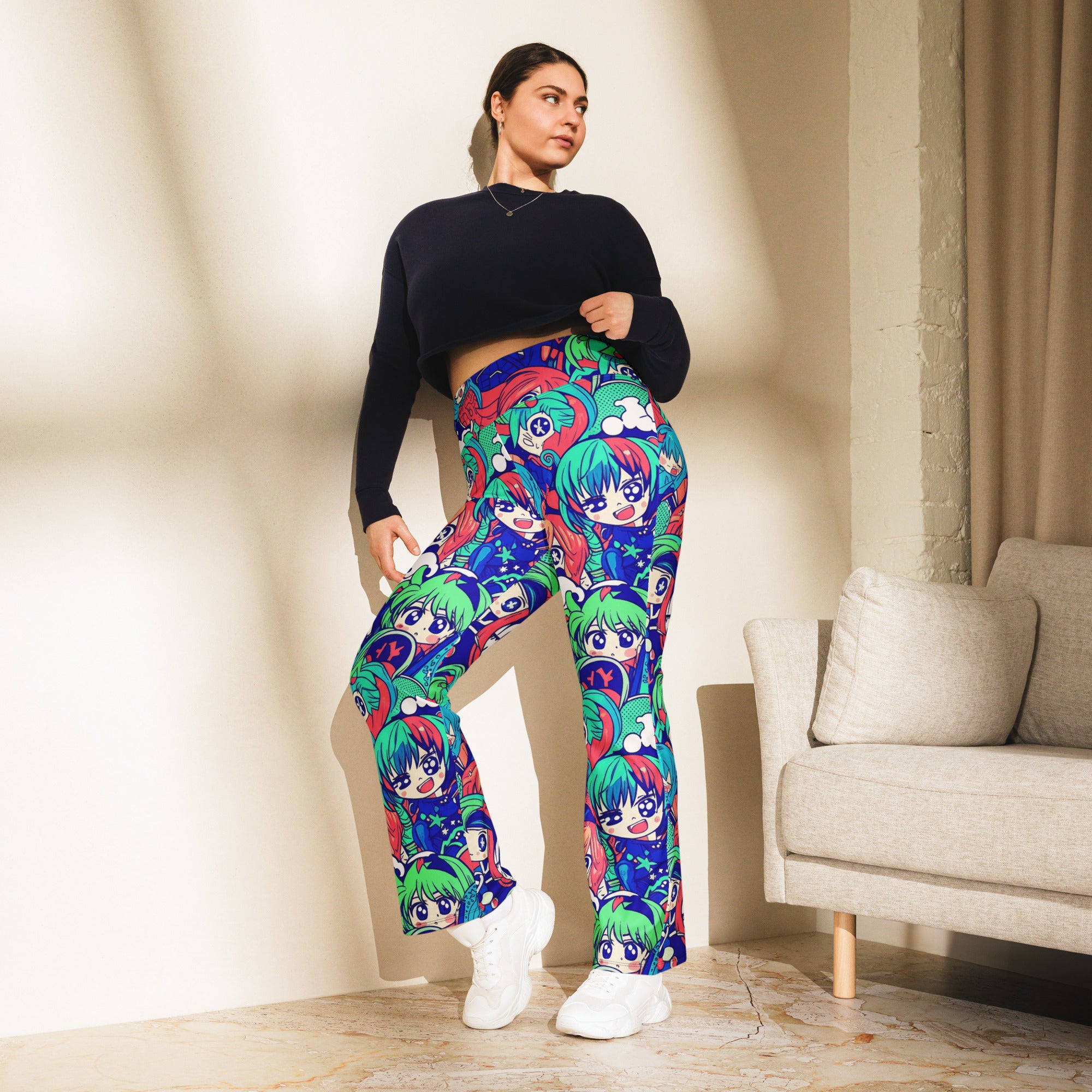 Anime Collage Ocean Wave Flare Leggings | GearBunch