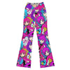 GearBunch Anime Collage Pop Idol Flare Leggings with vibrant, high-contrast manga character faces in electric pink, purple, and blue.