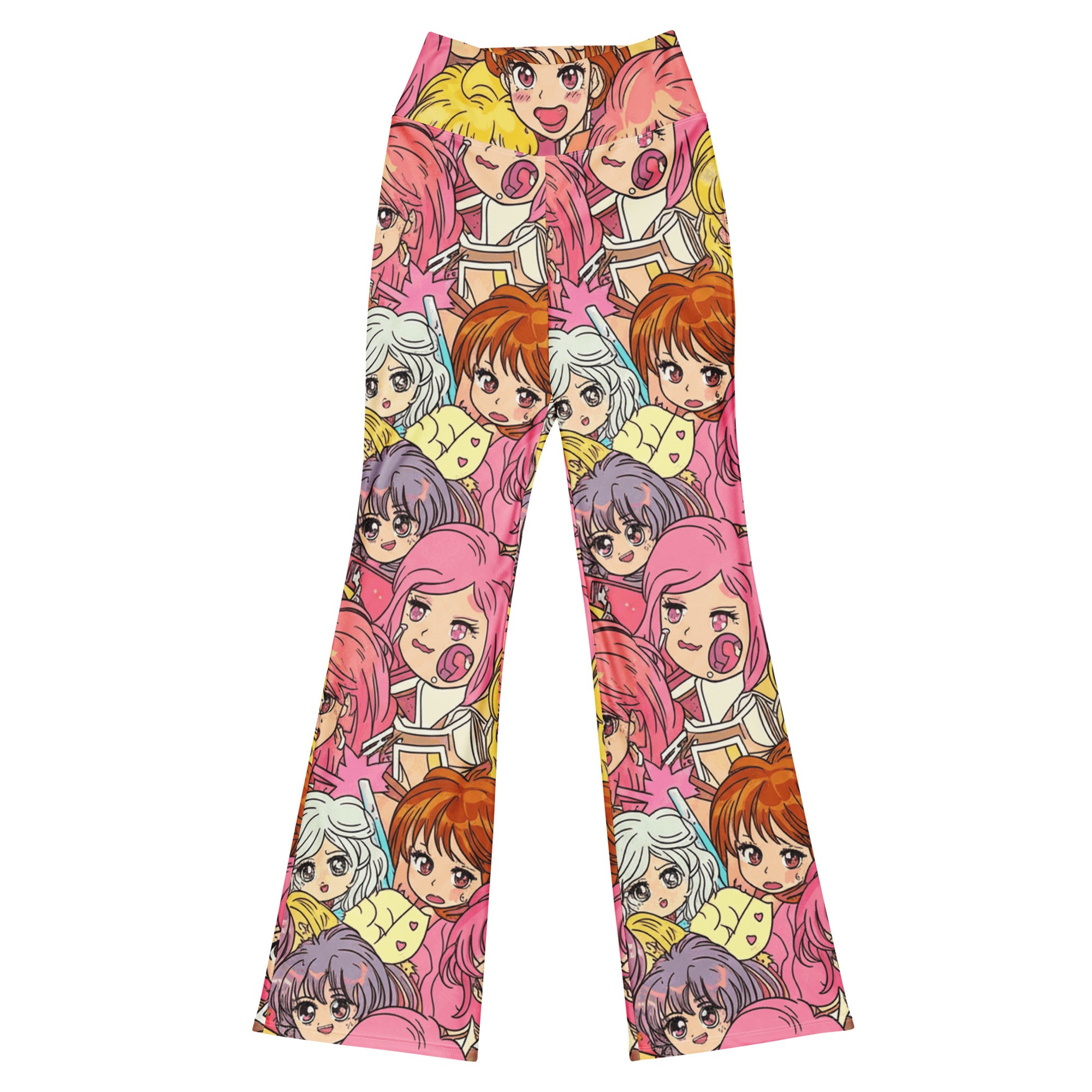 Dynamic GearBunch Anime Collage Flare Leggings with vibrant shojo-style characters and bold black outlines.