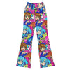 GearBunch Anime Collage Sakura School Flare Leggings. Vibrant pink, navy, and white anime print. Dynamic women's activewear.
