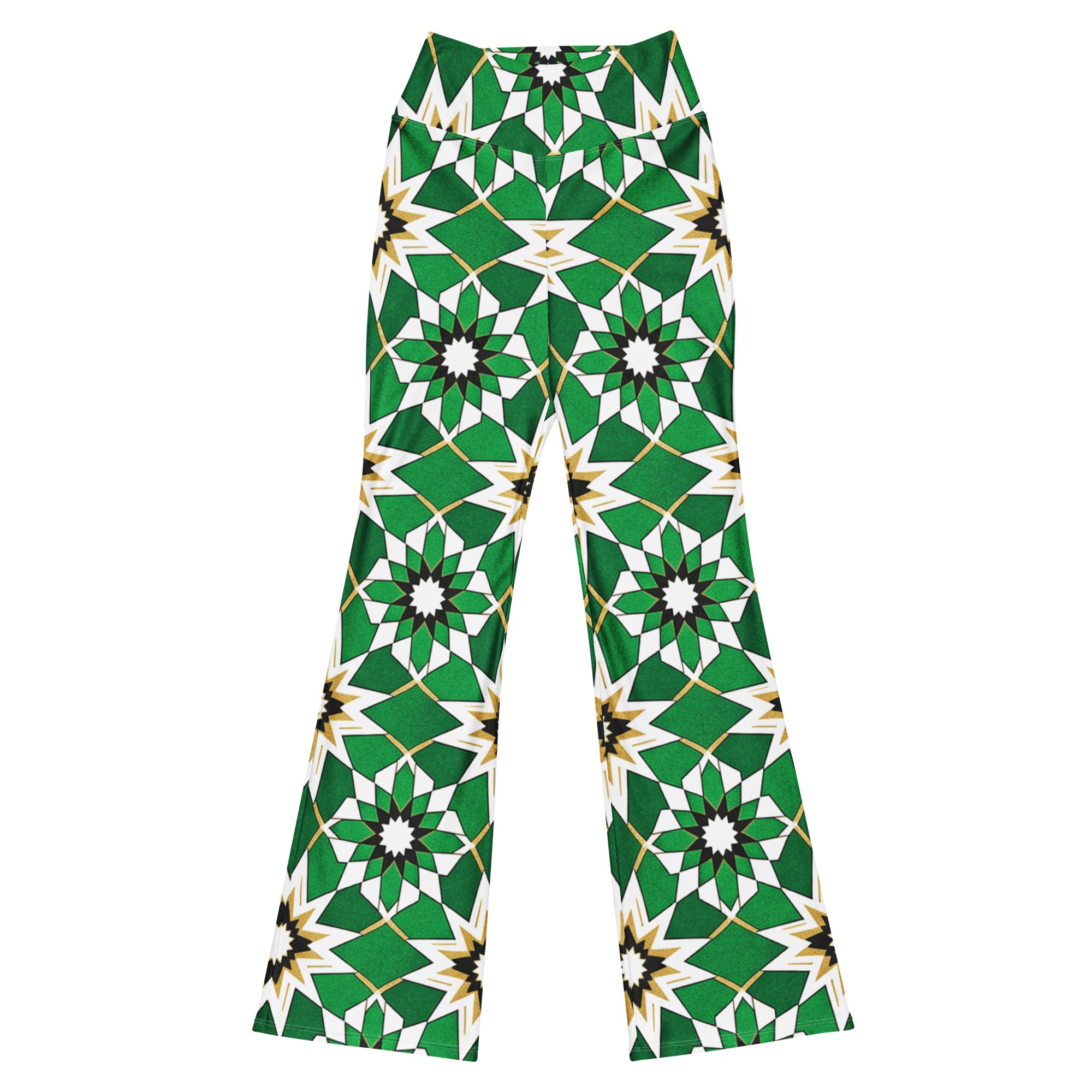 Vibrant Zellige Emerald Gold Flare Leggings from GearBunch, featuring intricate geometric patterns for powerful style.