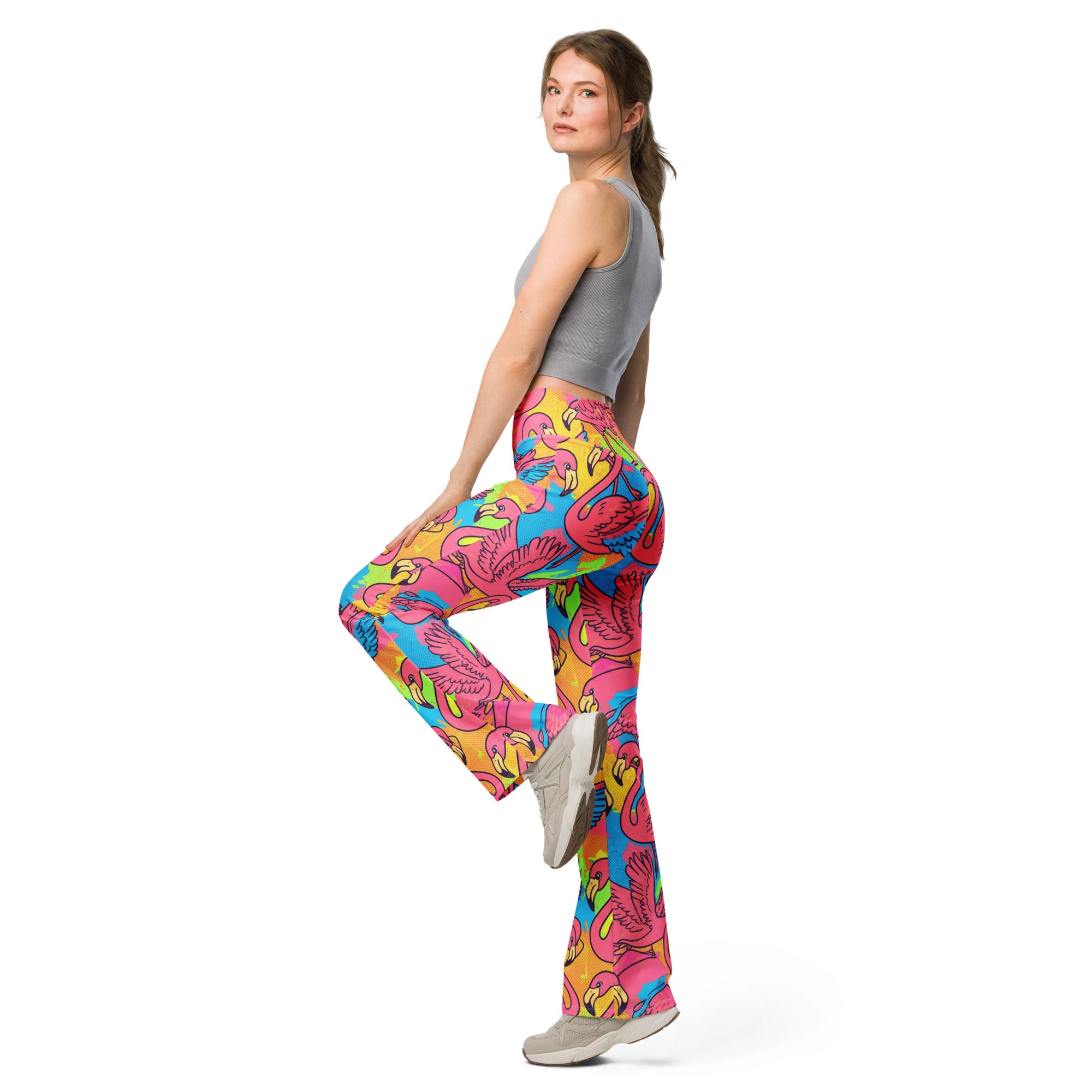 Vibrant Flamingo Flock Flare Leggings | GearBunch