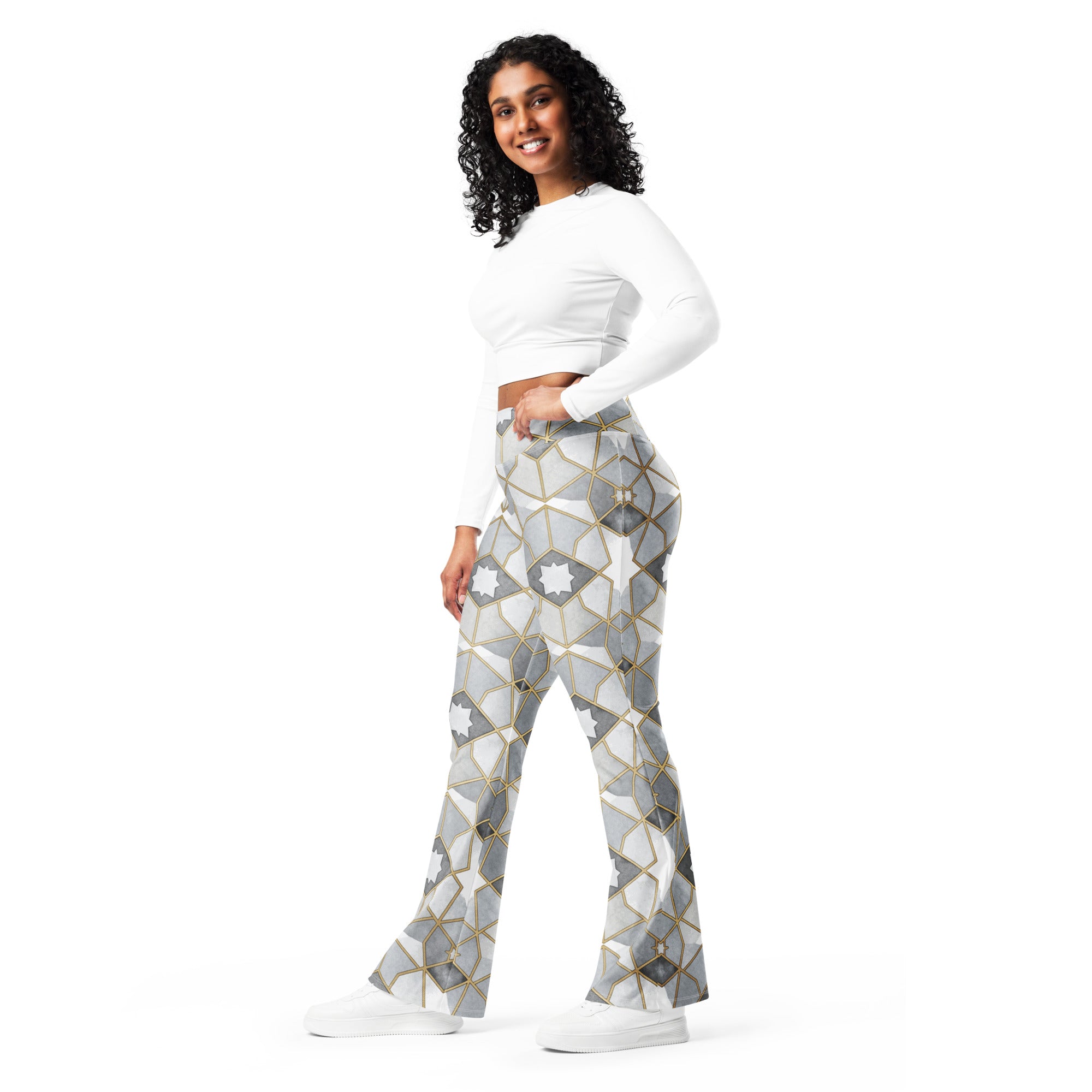 Arabic Watercolour Monochrome Luxe Flare Leggings | GearBunch