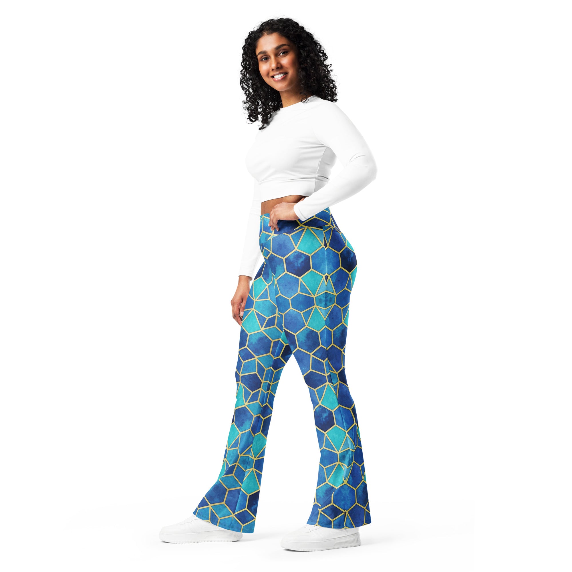 Arabic Watercolour Ocean Blues Flare Leggings | GearBunch