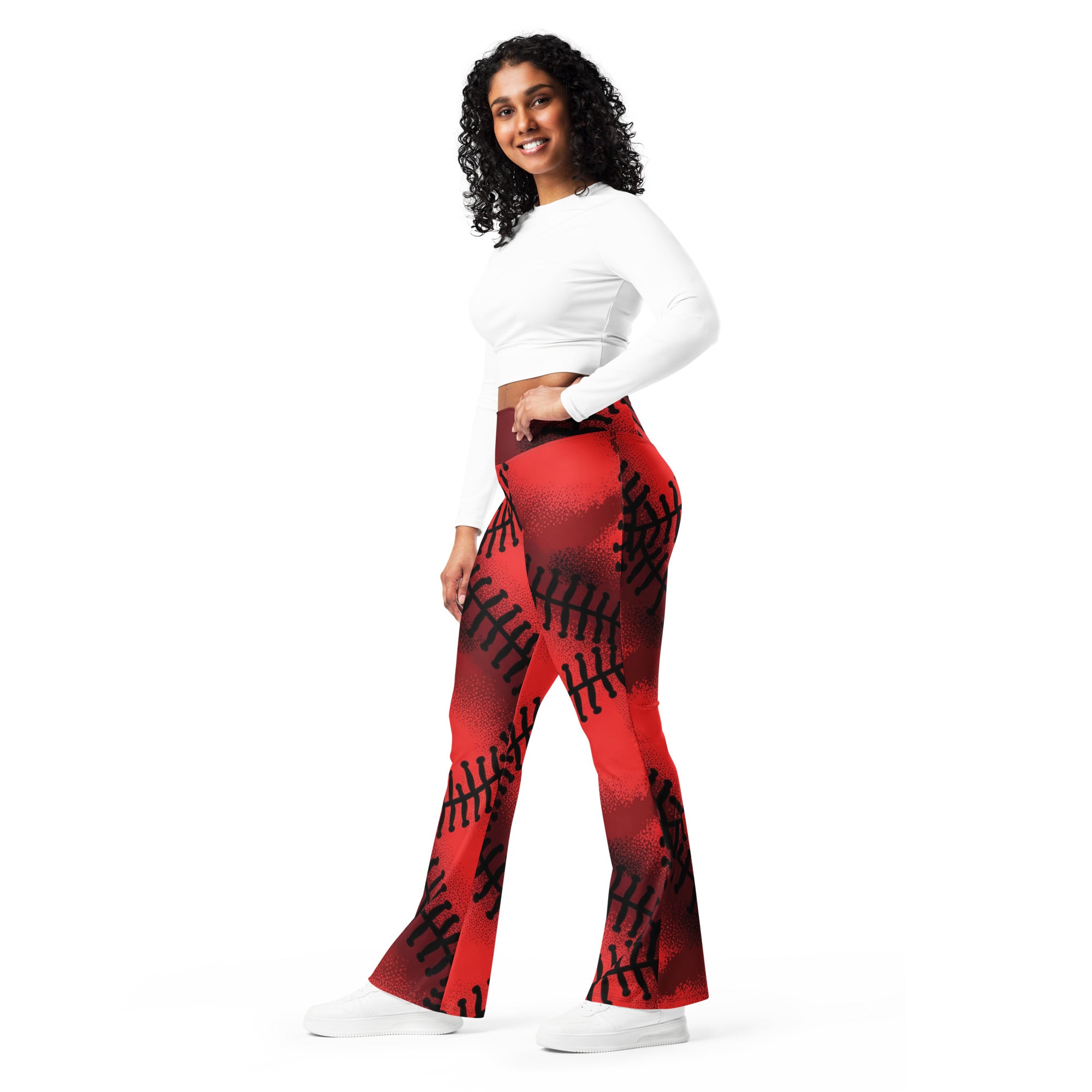 Black Baseball Stitches Flare Leggings | GearBunch