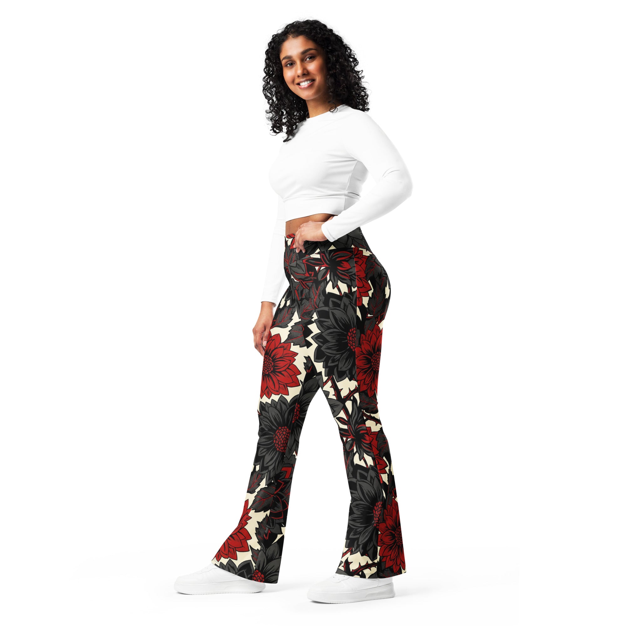 Black Dahlia Bloom Flare Leggings | GearBunch