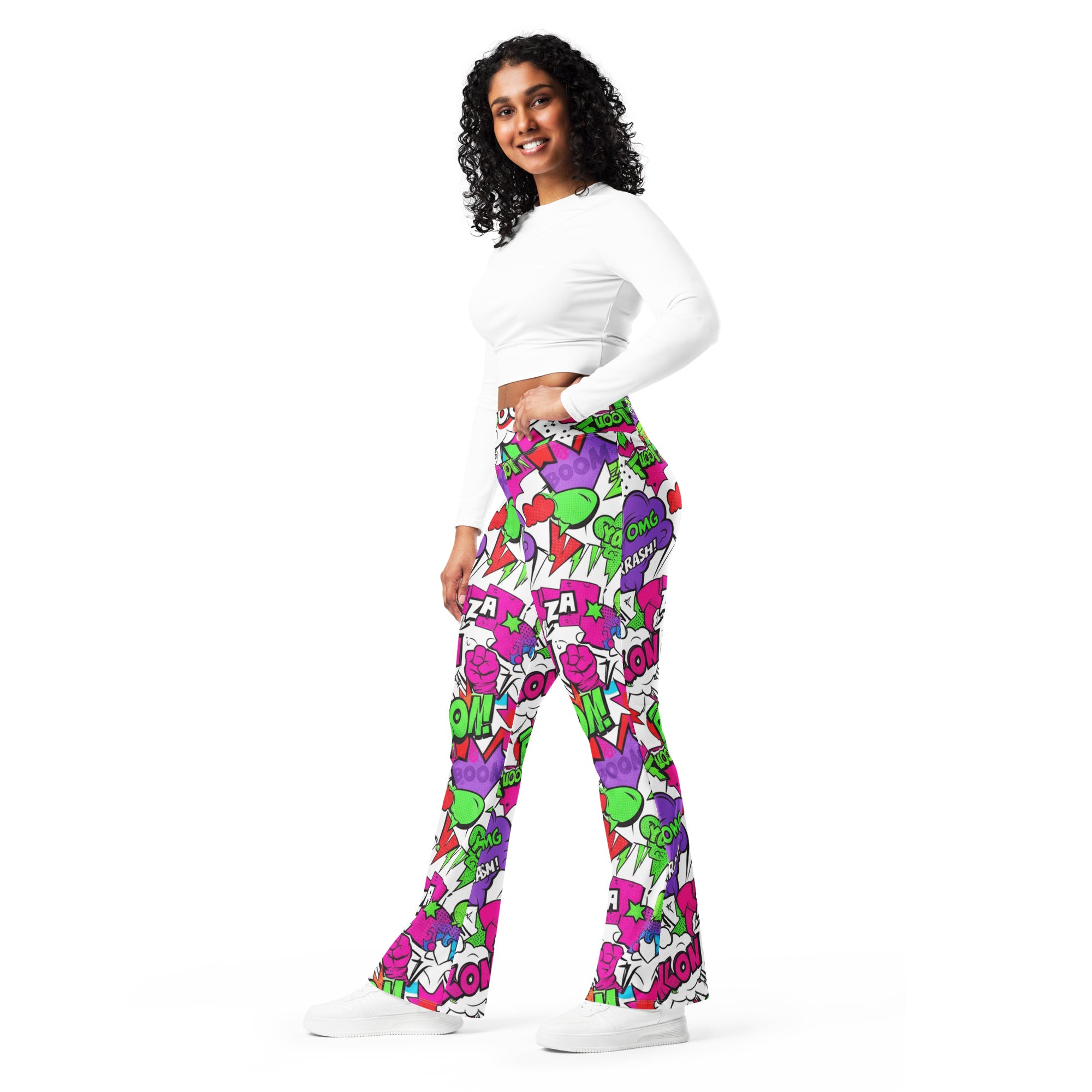 Comic Pop Neon Pink Flare Leggings | GearBunch