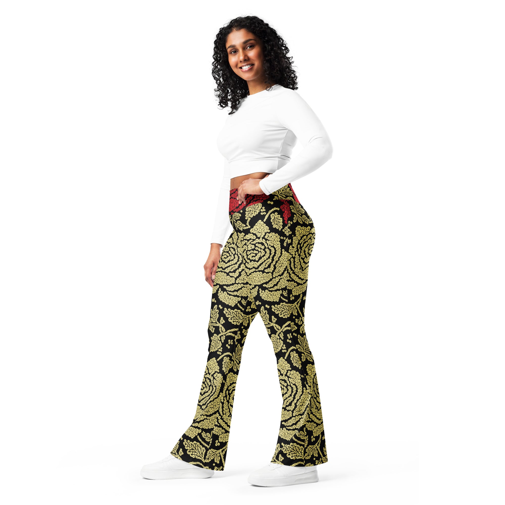 Gold Paillette Rose Flare Leggings | GearBunch