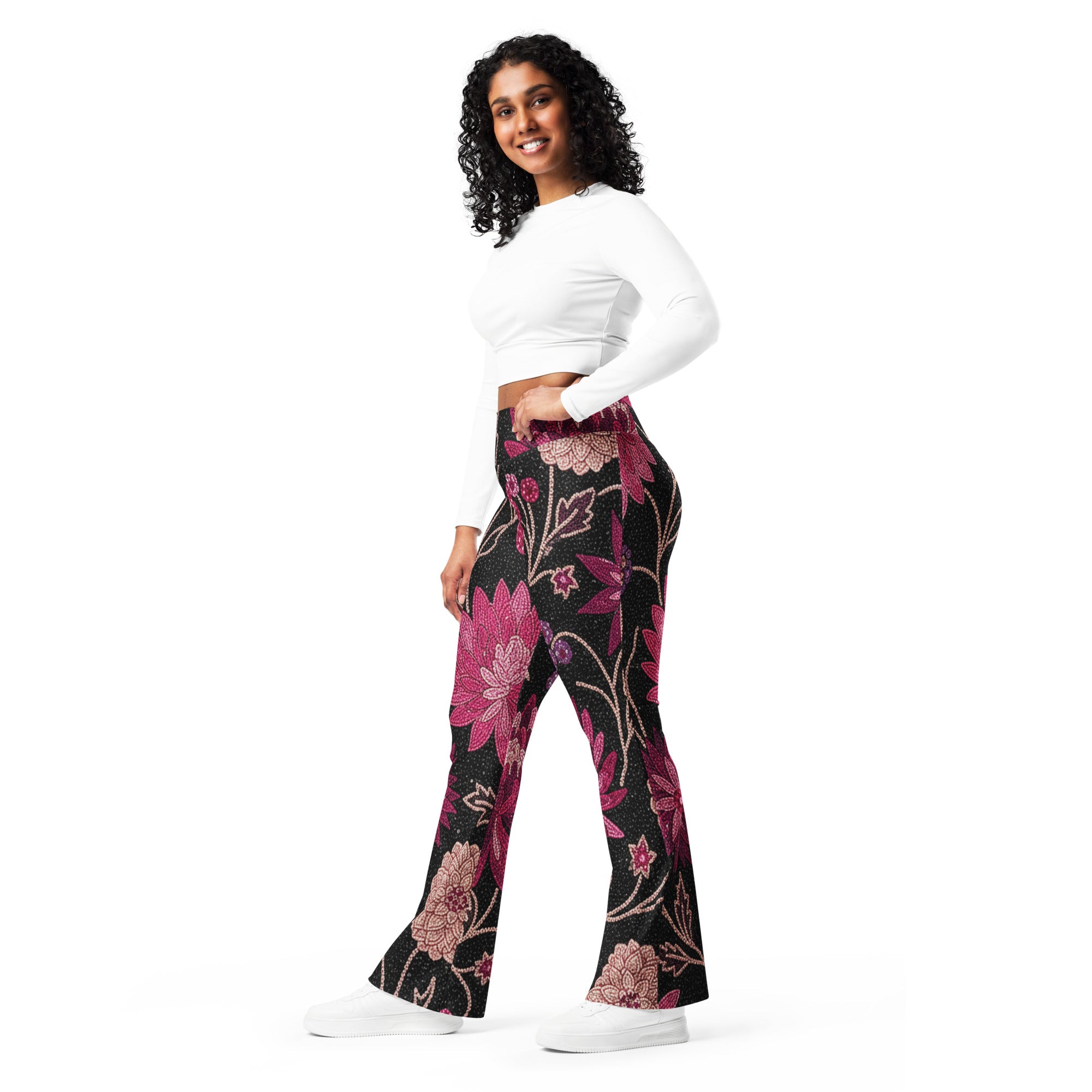 Midnight Paillette Peony Flare Leggings | GearBunch