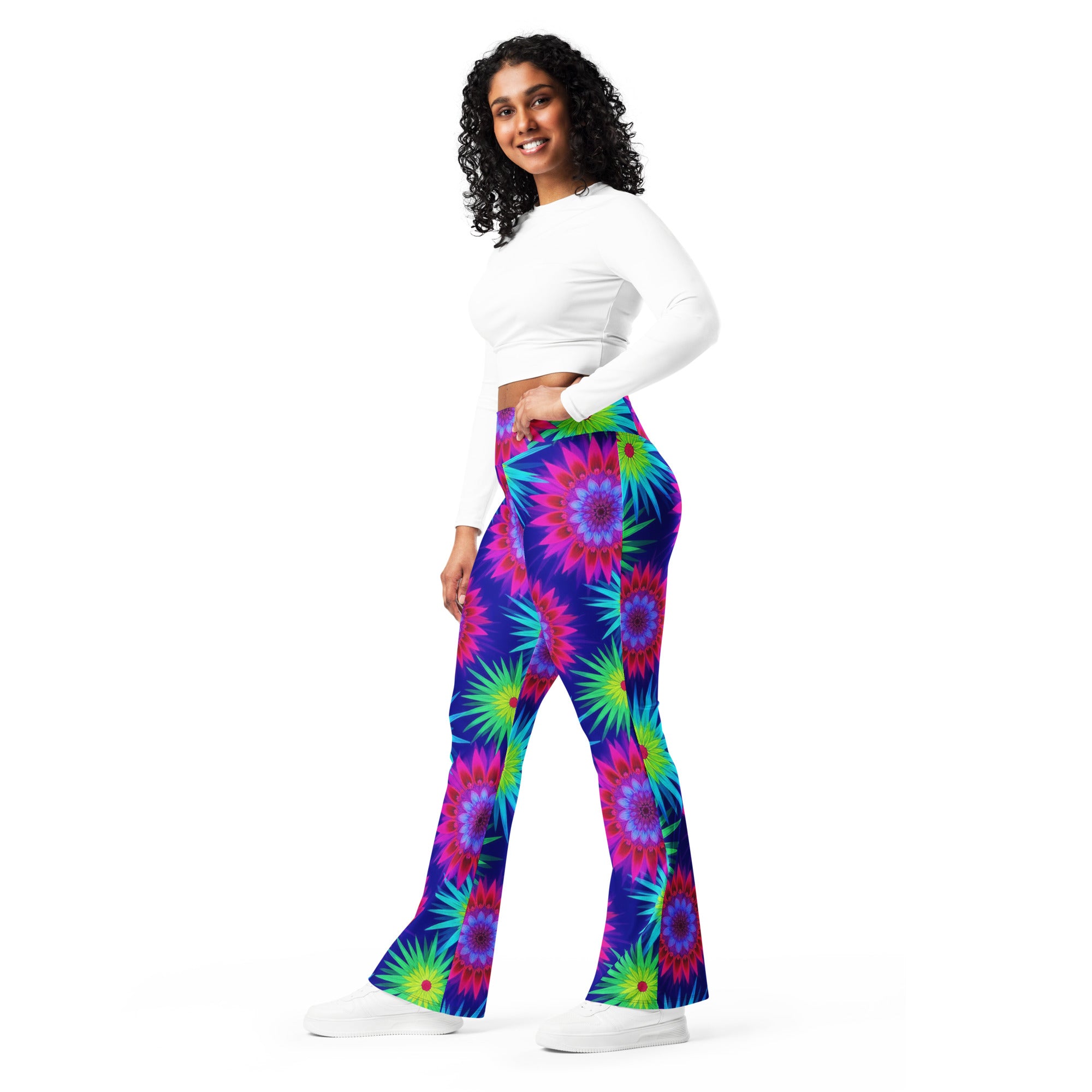 Psychedelic Neon Rainbow Burst Flare Leggings | GearBunch
