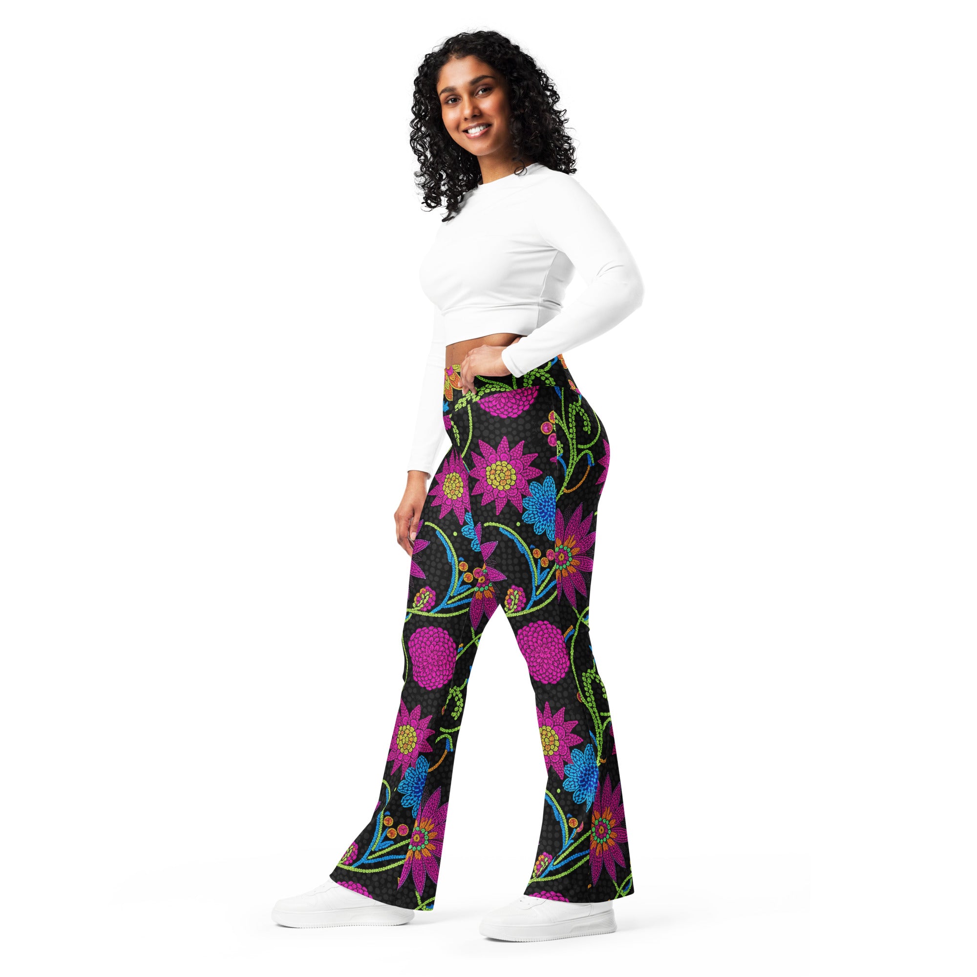 Rainbow Paillette Botanical Flare Leggings | GearBunch