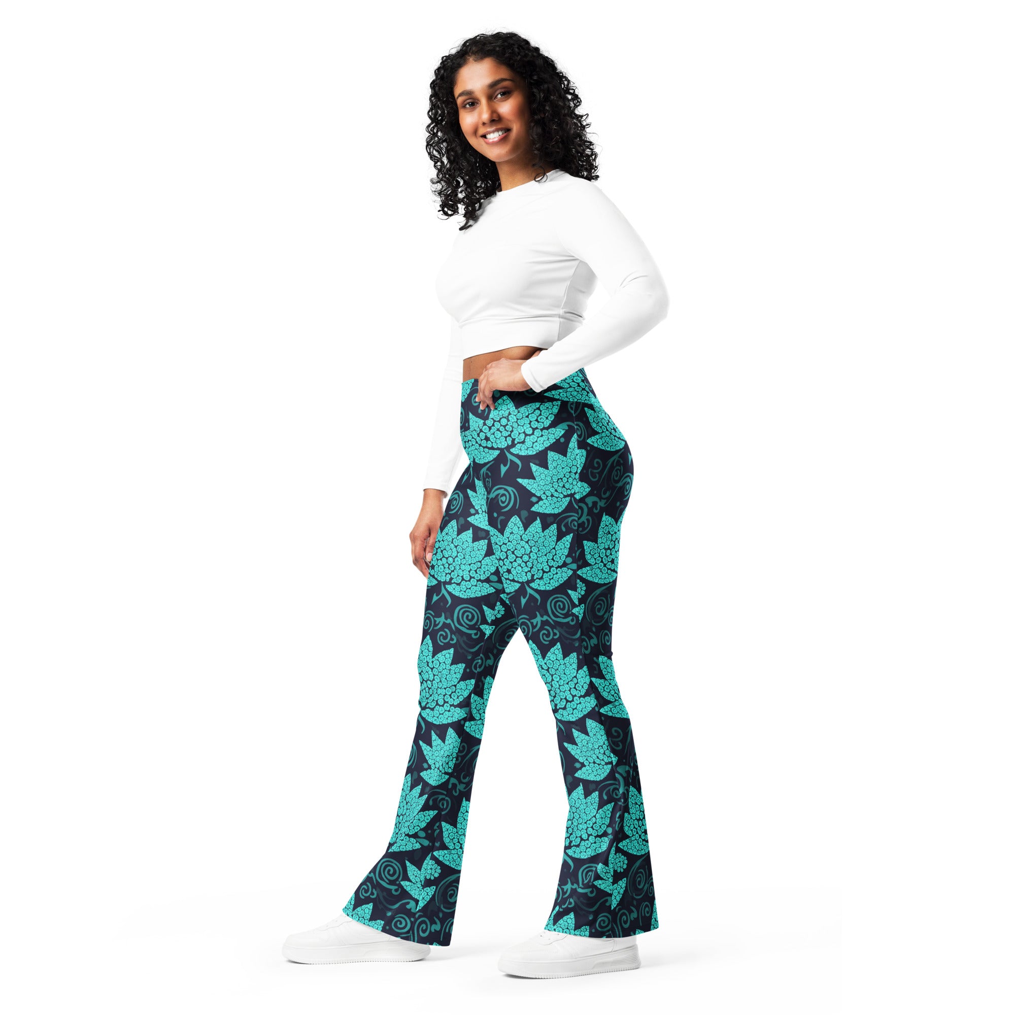 Teal Paillette Lotus Flare Leggings | GearBunch