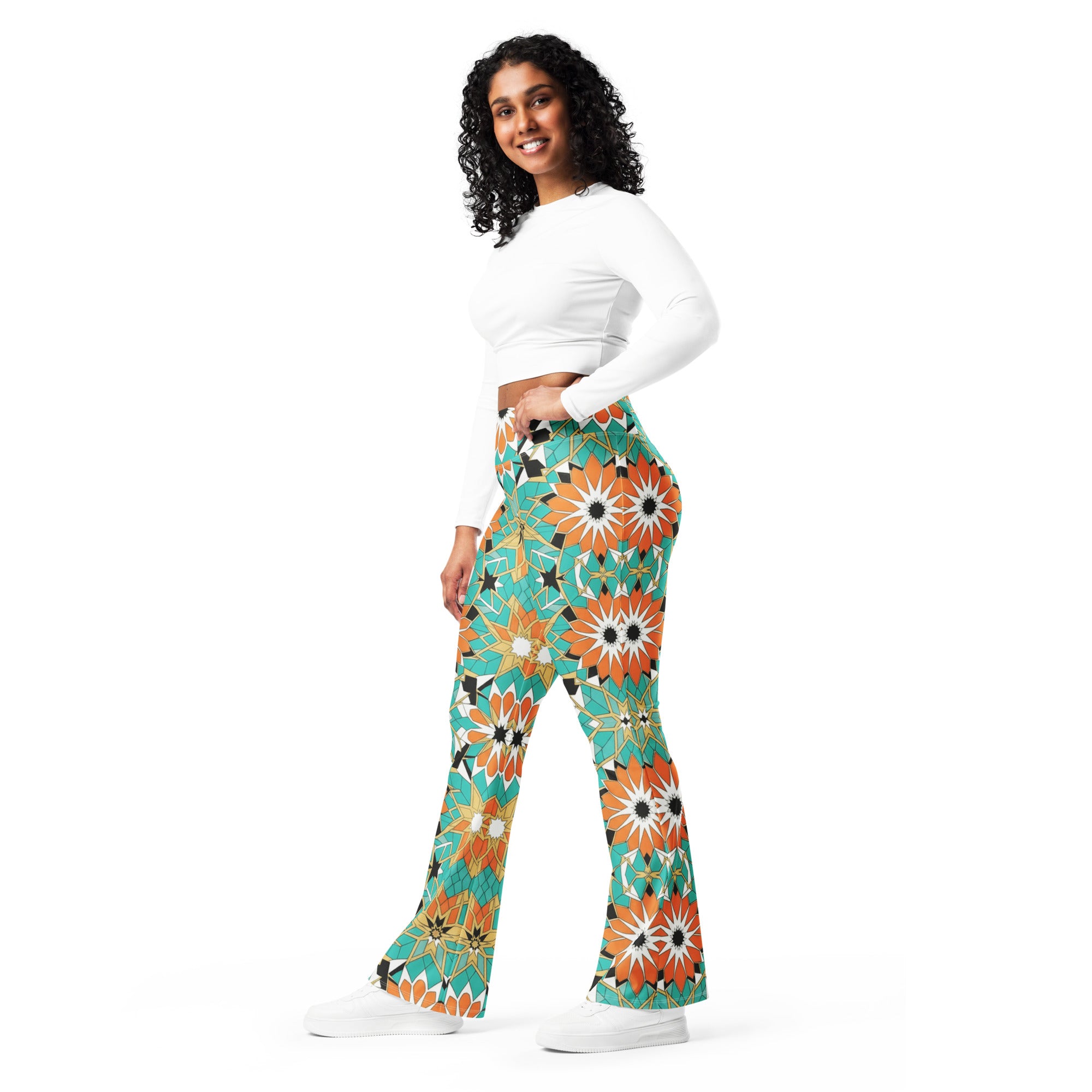 Zellige Turquoise Coral Flare Leggings | GearBunch