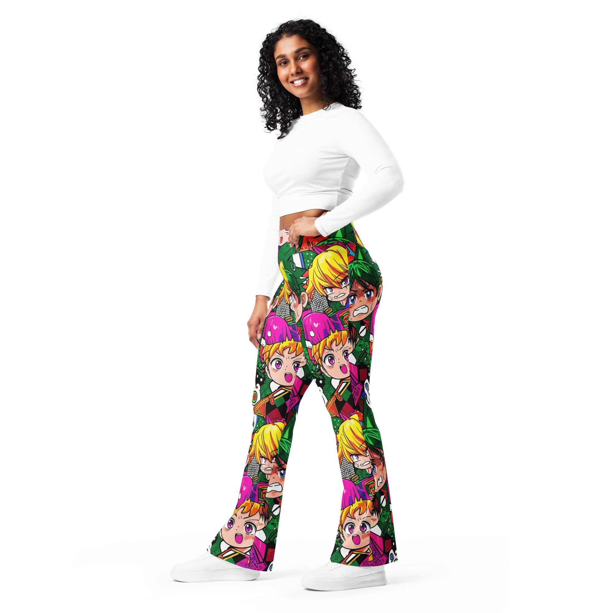 Vibrant Anime Collage Flare Leggings | GearBunch