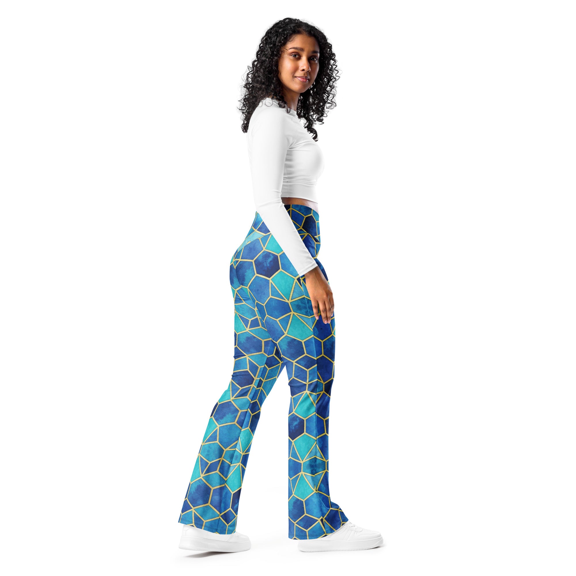 Arabic Watercolour Ocean Blues Flare Leggings | GearBunch