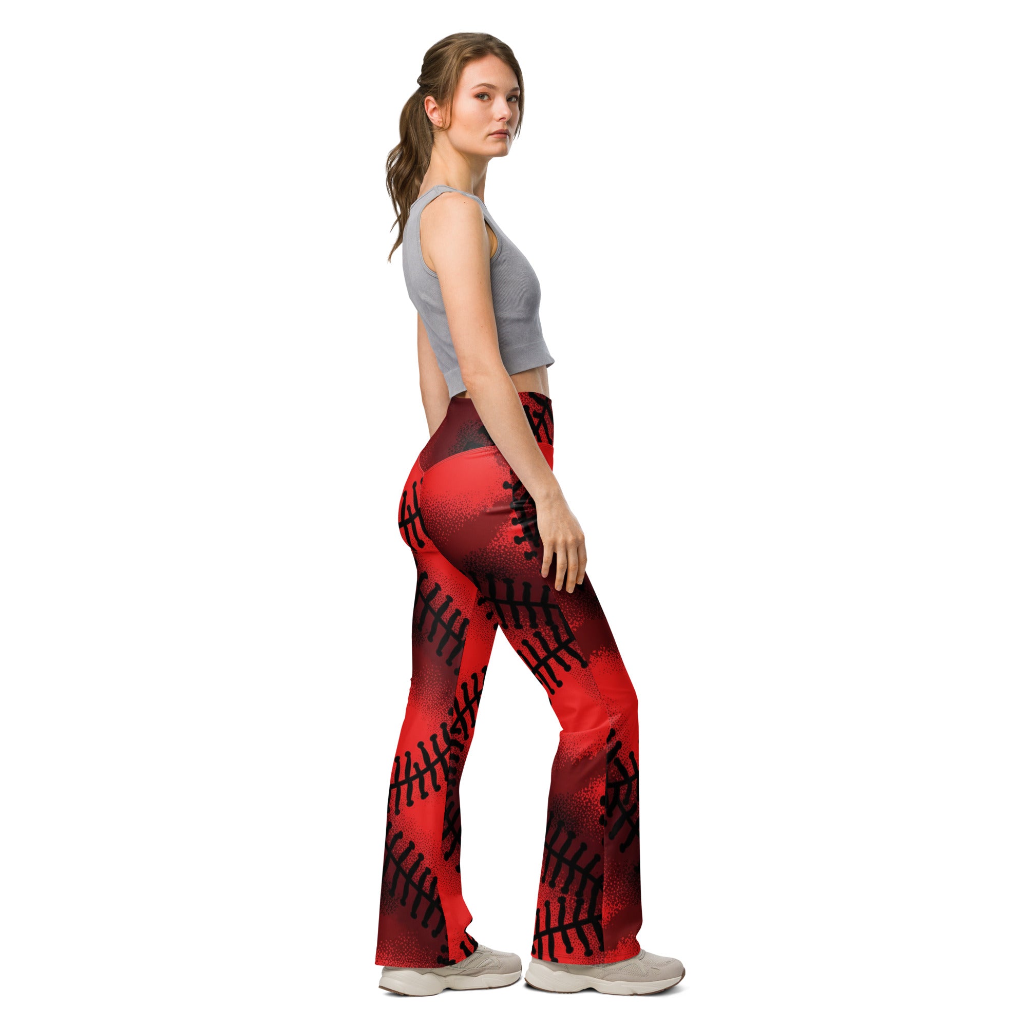 Black Baseball Stitches Flare Leggings | GearBunch