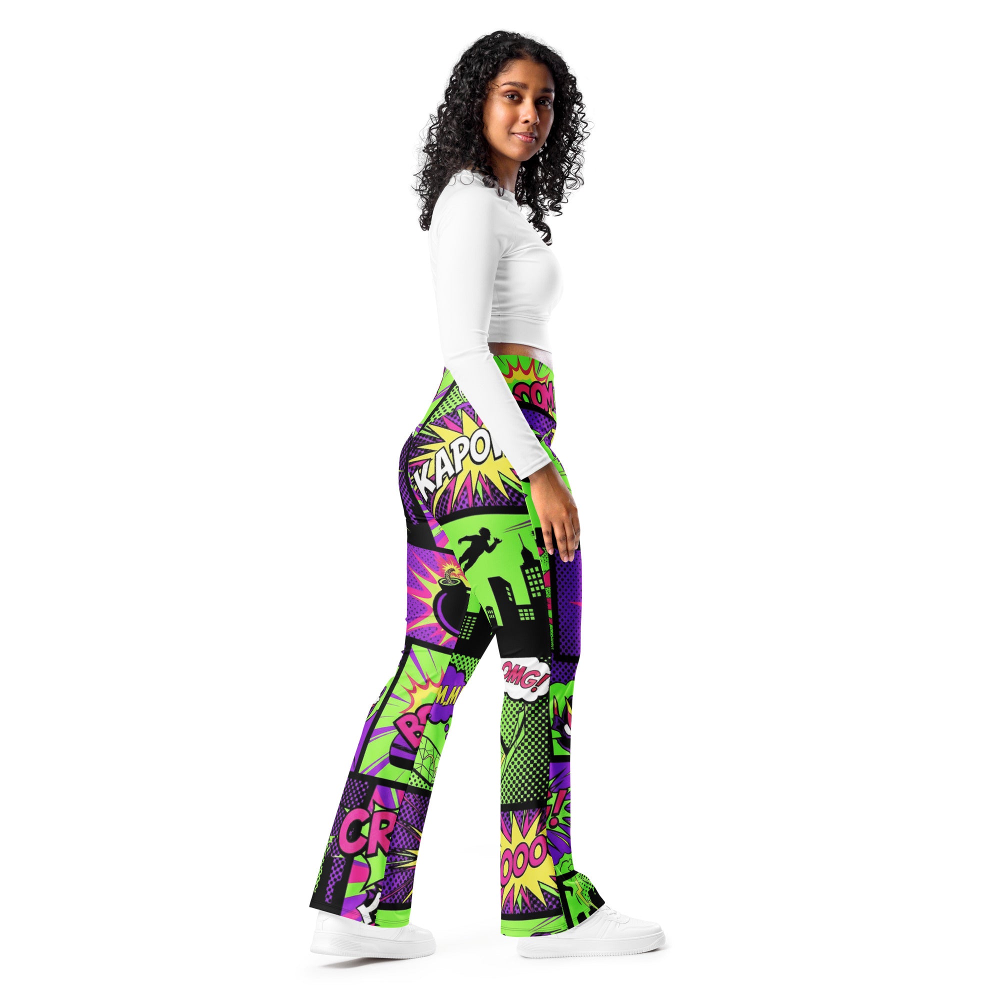 Comic Strip Neon Villain Flare Leggings | GearBunch