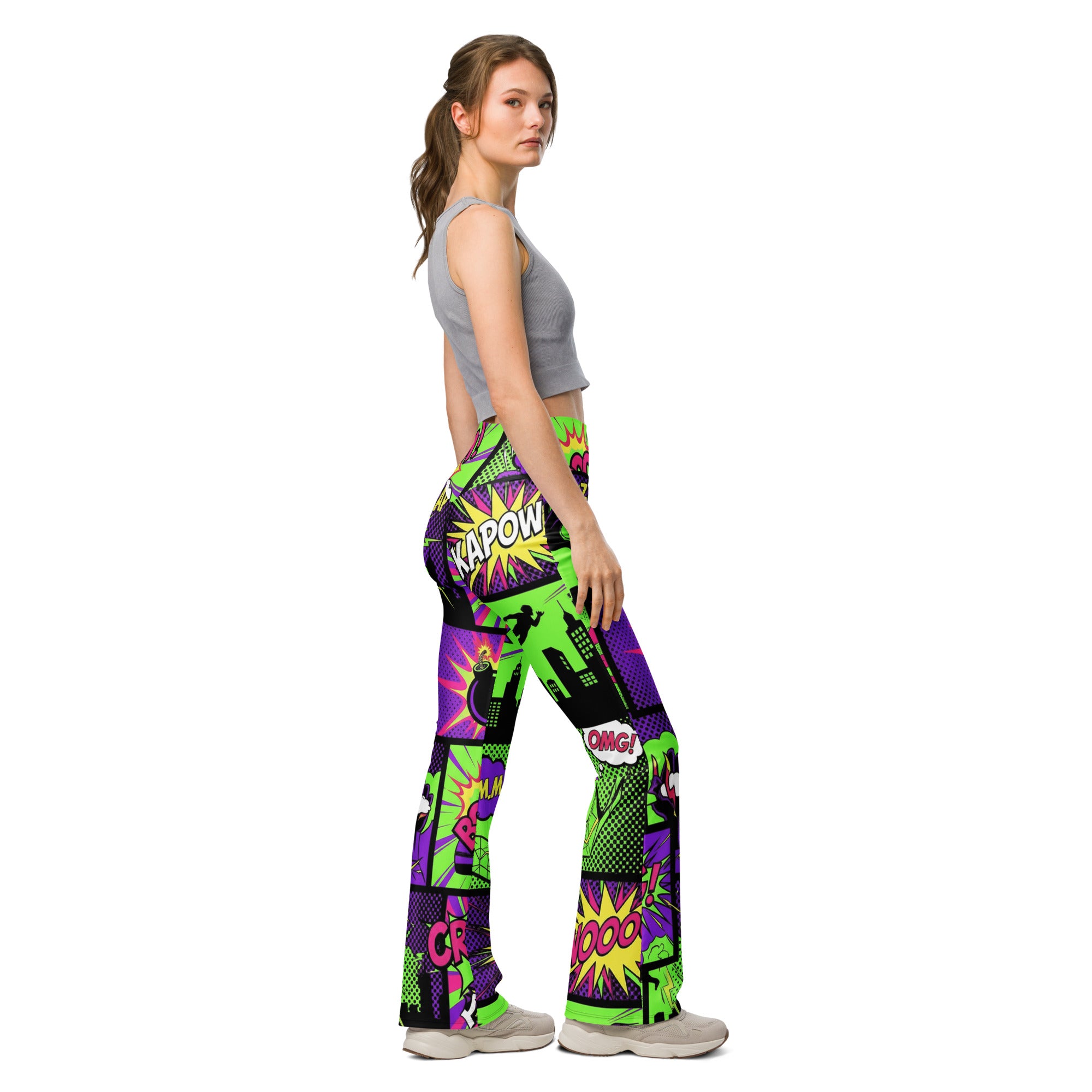 Comic Strip Neon Villain Flare Leggings | GearBunch