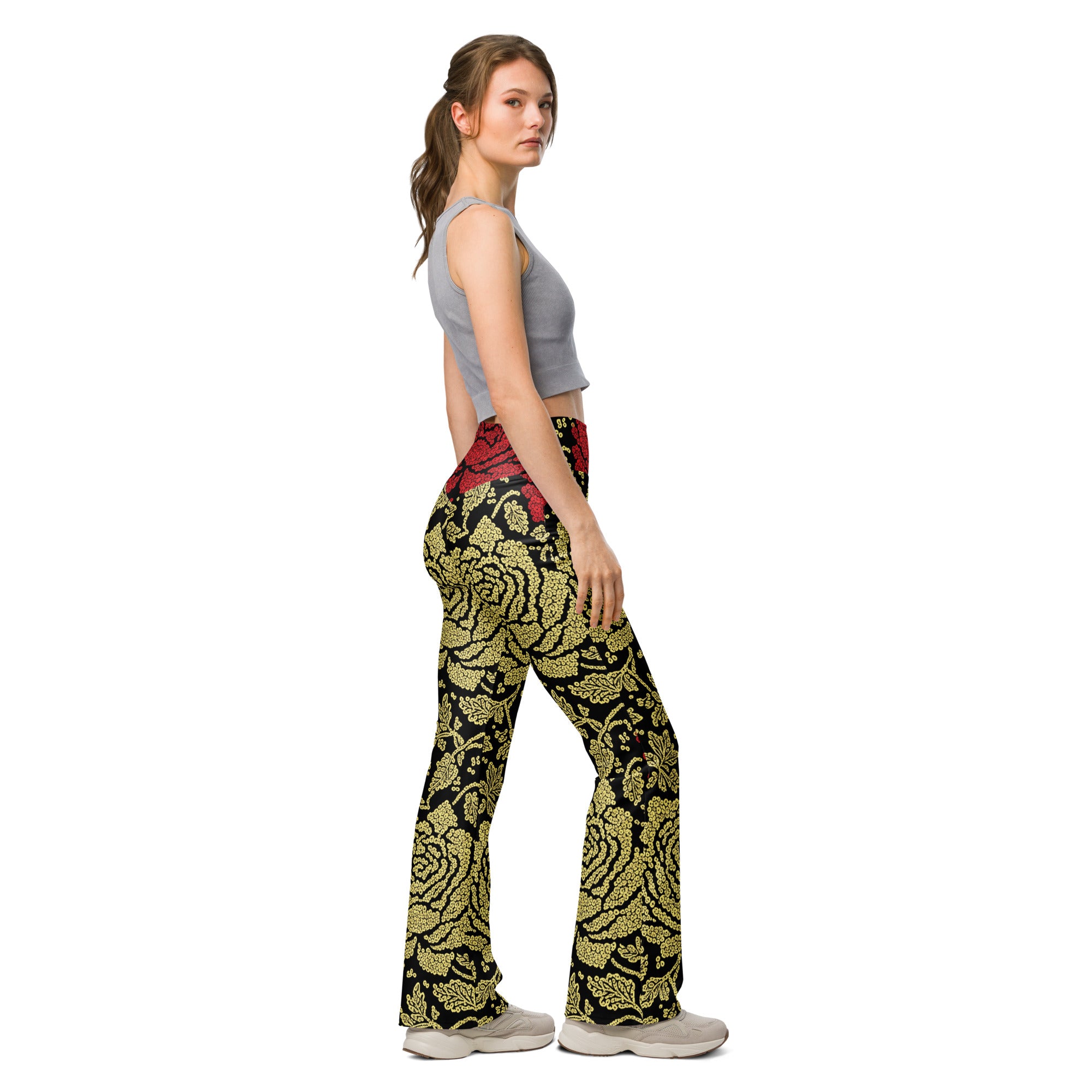 Gold Paillette Rose Flare Leggings | GearBunch
