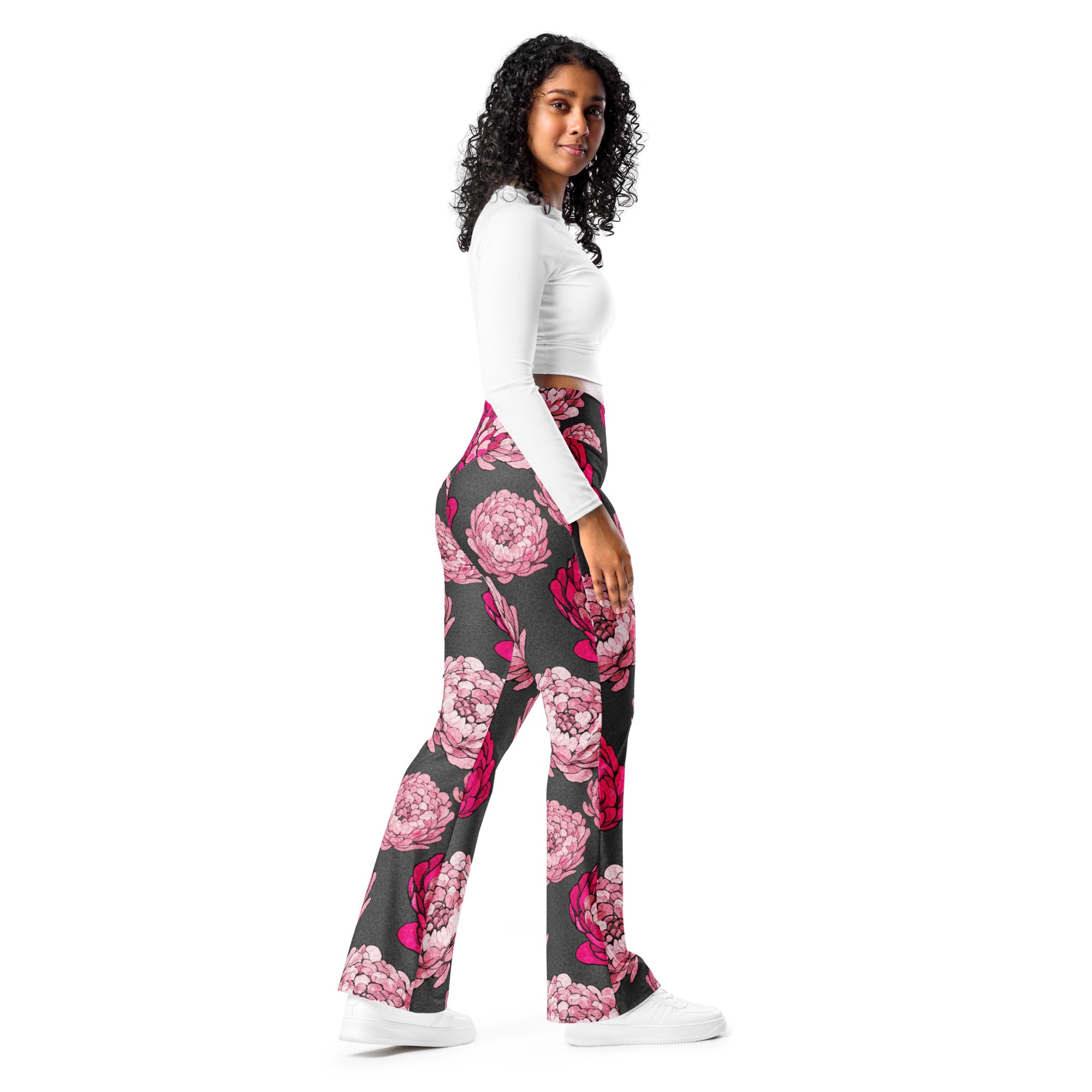 Pink Paillette Peony Flare Leggings | GearBunch