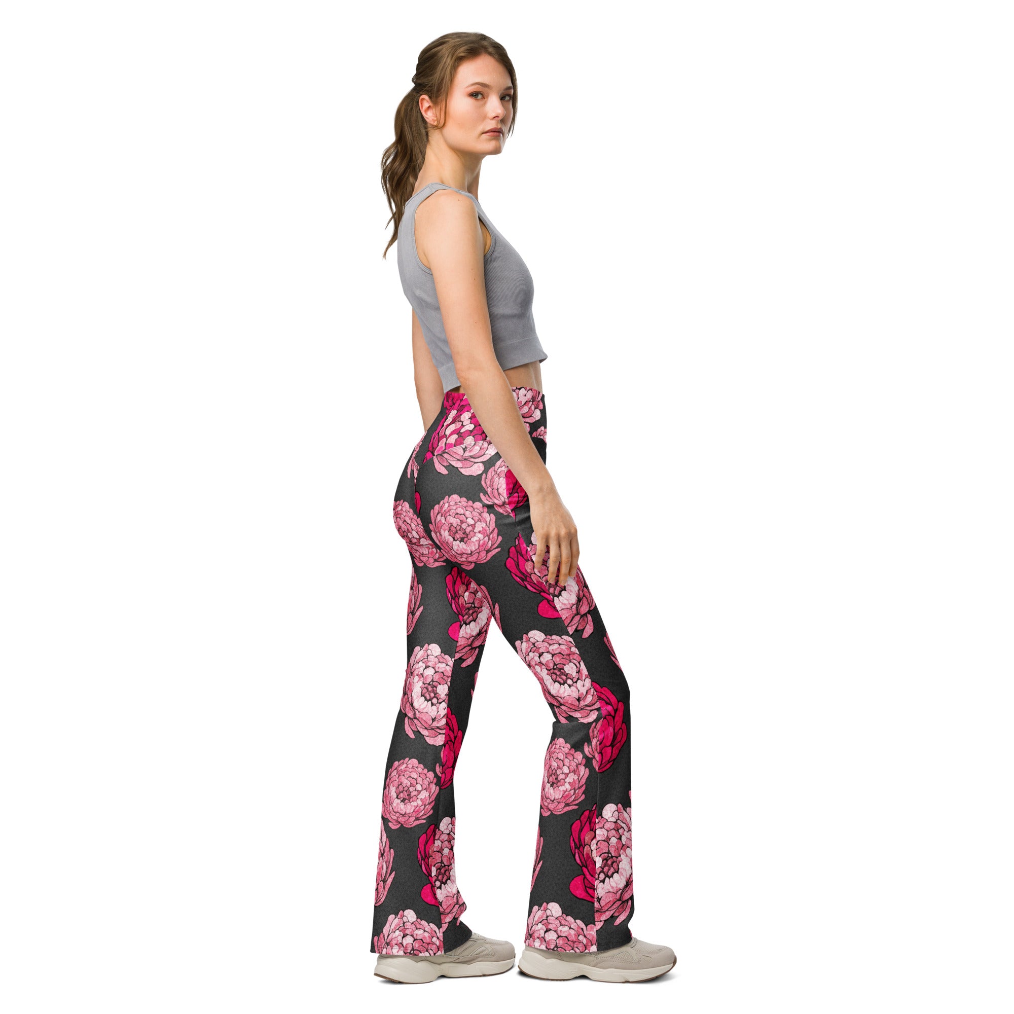 Pink Paillette Peony Flare Leggings | GearBunch