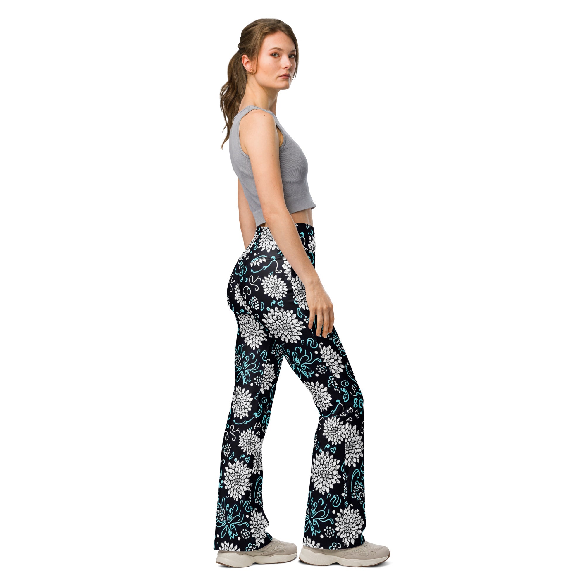 Silver Paillette Daisy Flare Leggings | GearBunch