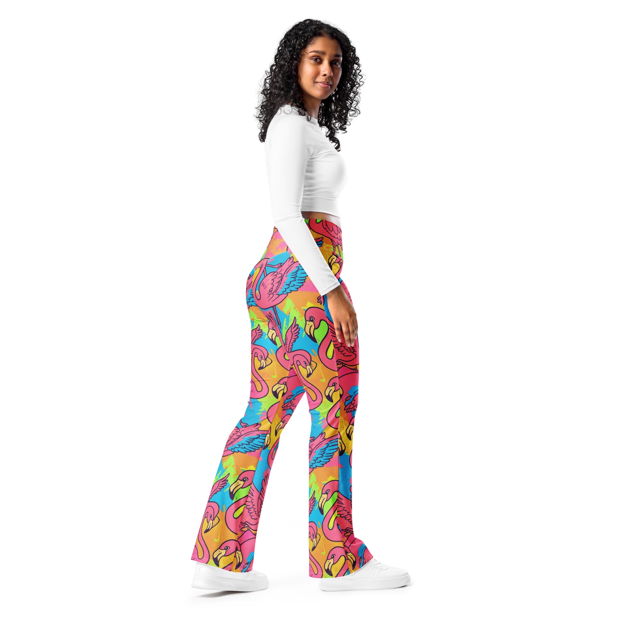 Vibrant Flamingo Flock Flare Leggings | GearBunch