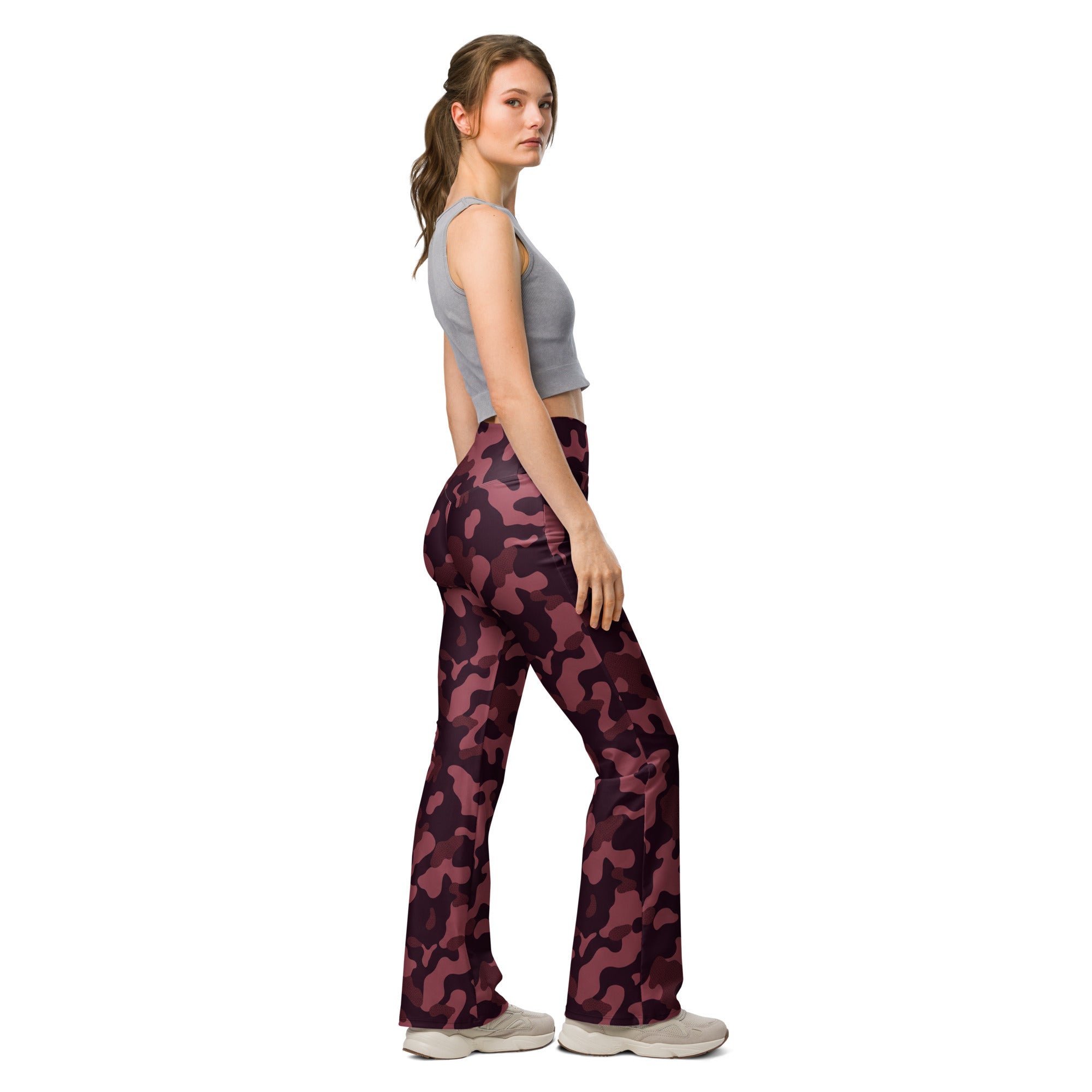 Wine Burgundy Camo Flare Leggings | GearBunch