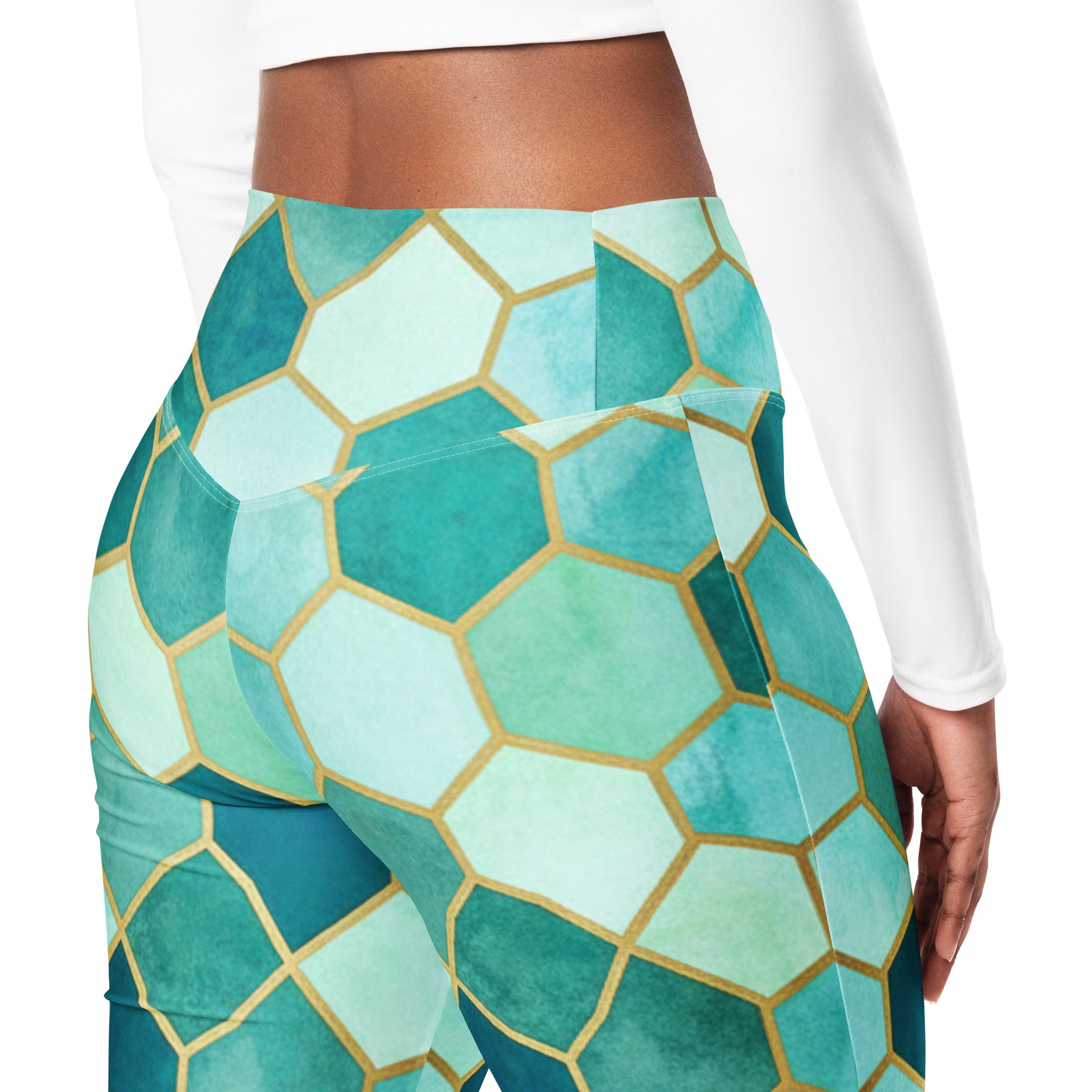 Arabic Watercolour Lagoon Flare Leggings | GearBunch