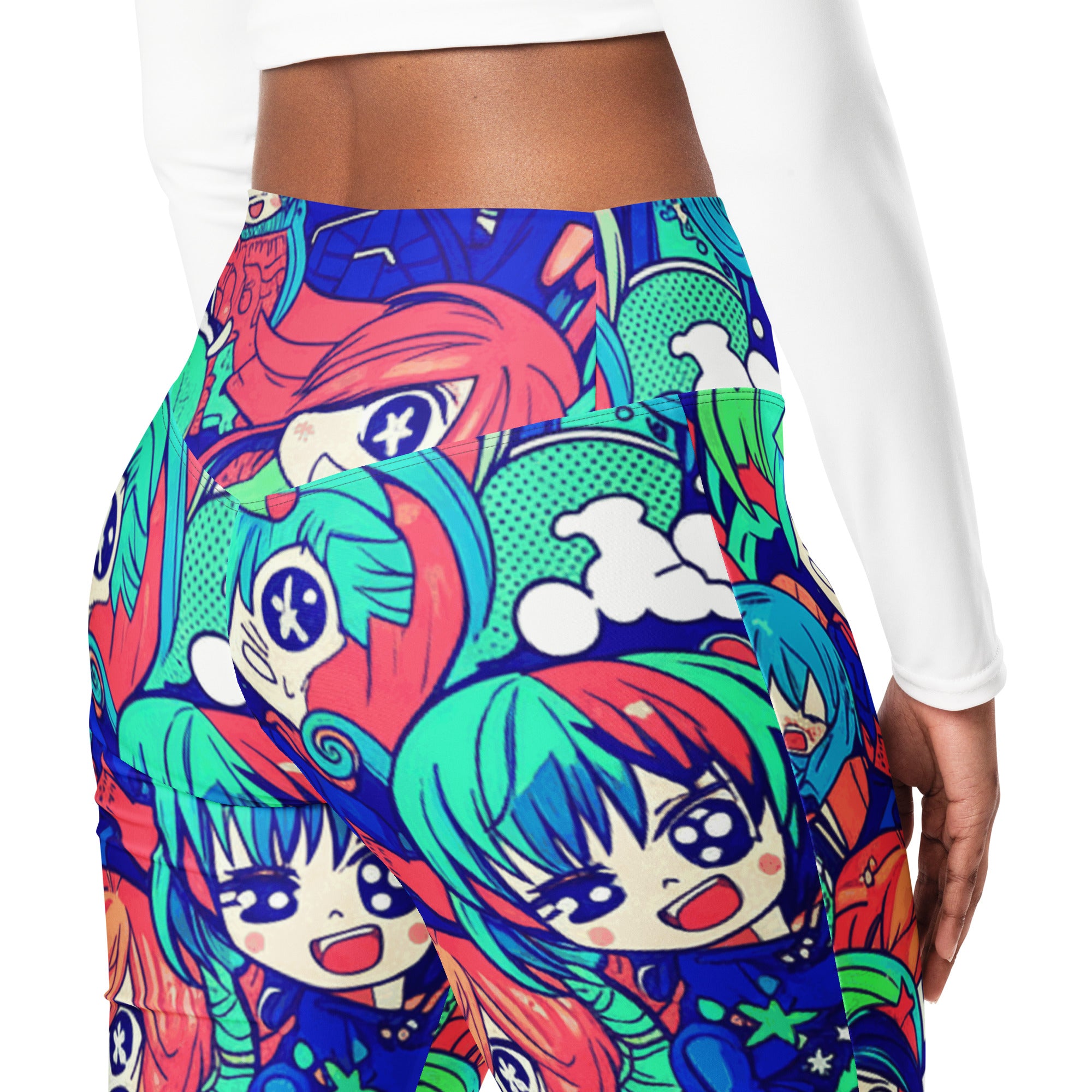 Anime Collage Ocean Wave Flare Leggings | GearBunch