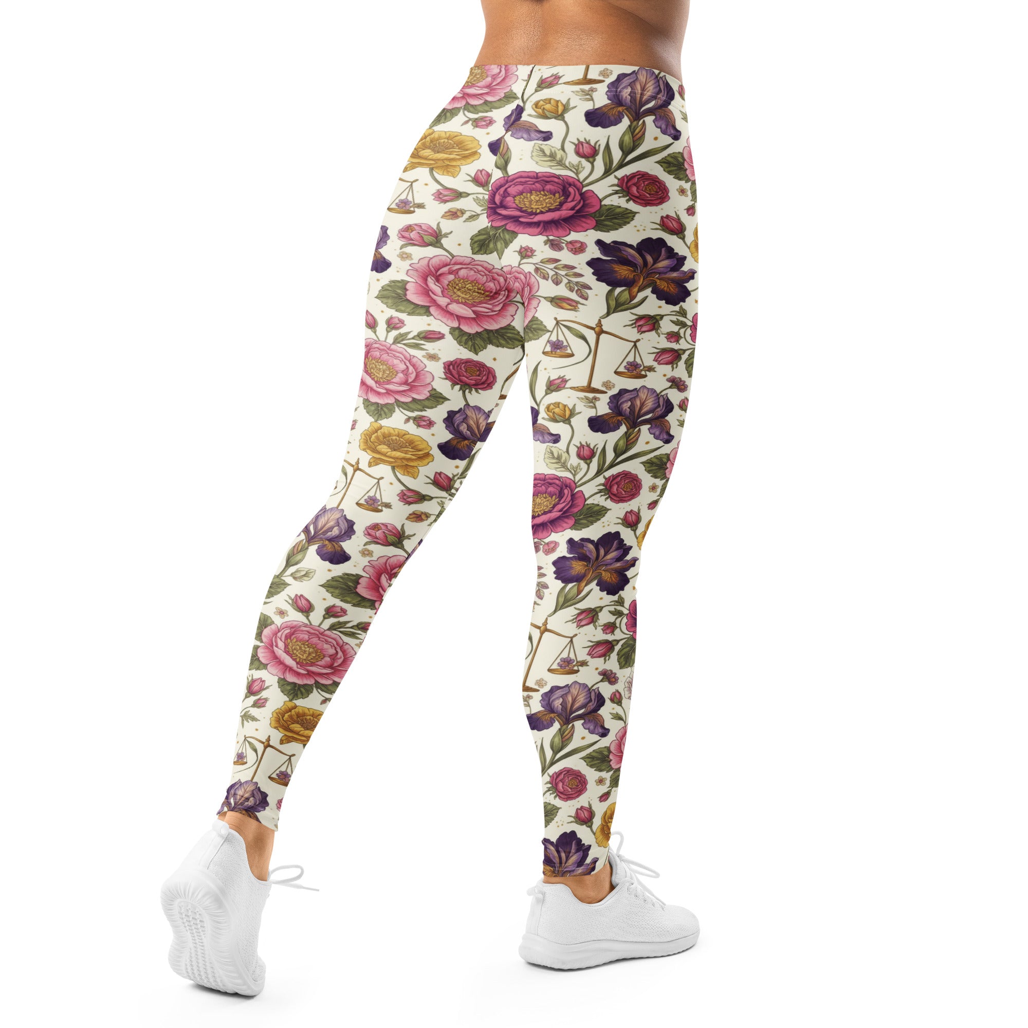 GearBunch Leggings: Libra Balance Floral Leggings featuring amethyst purple, blush pink, and soft gold floral pattern