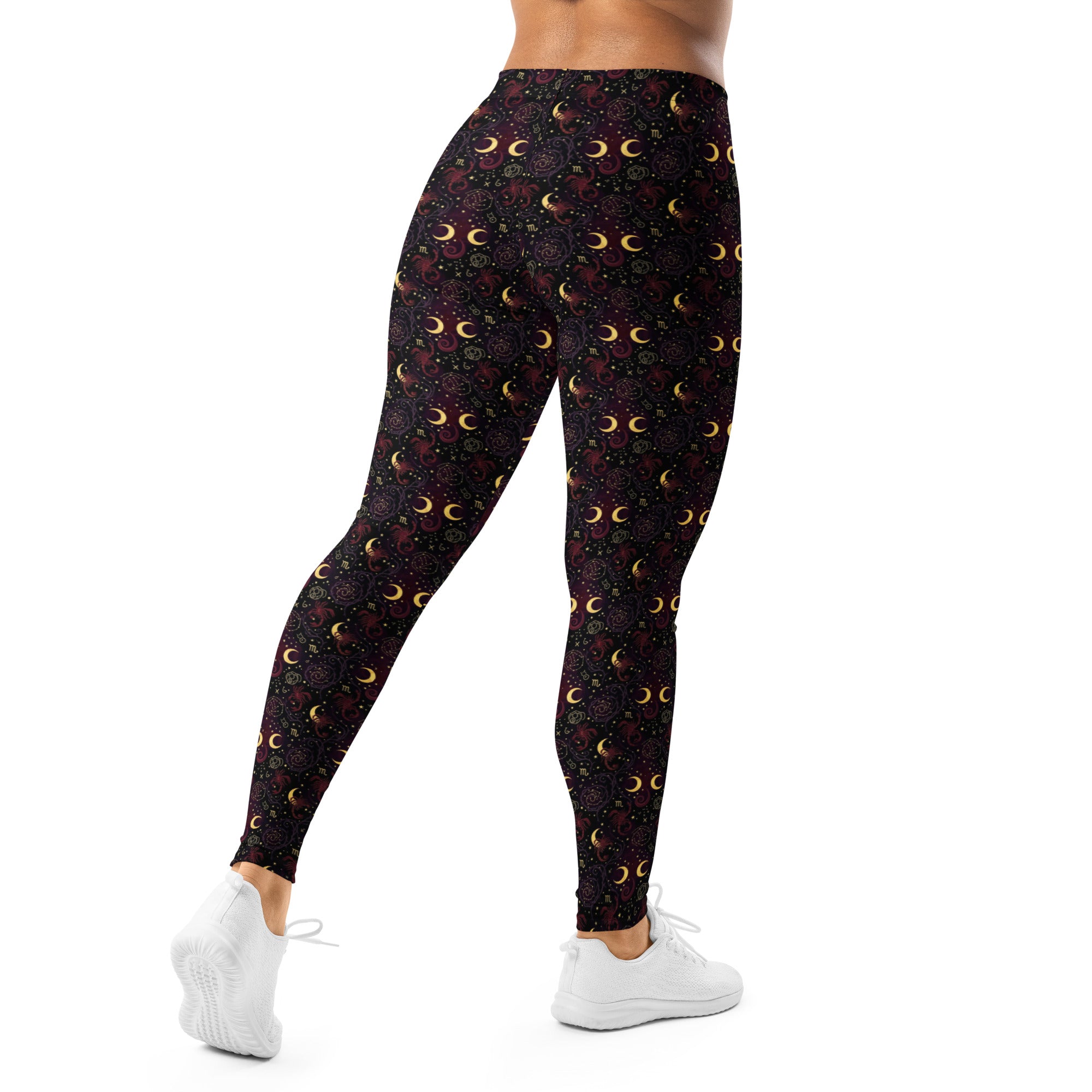 Scorpio Dark Mystical Leggings from GearBunch featuring deep reds, purples, and gold accents, perfect for activewear.