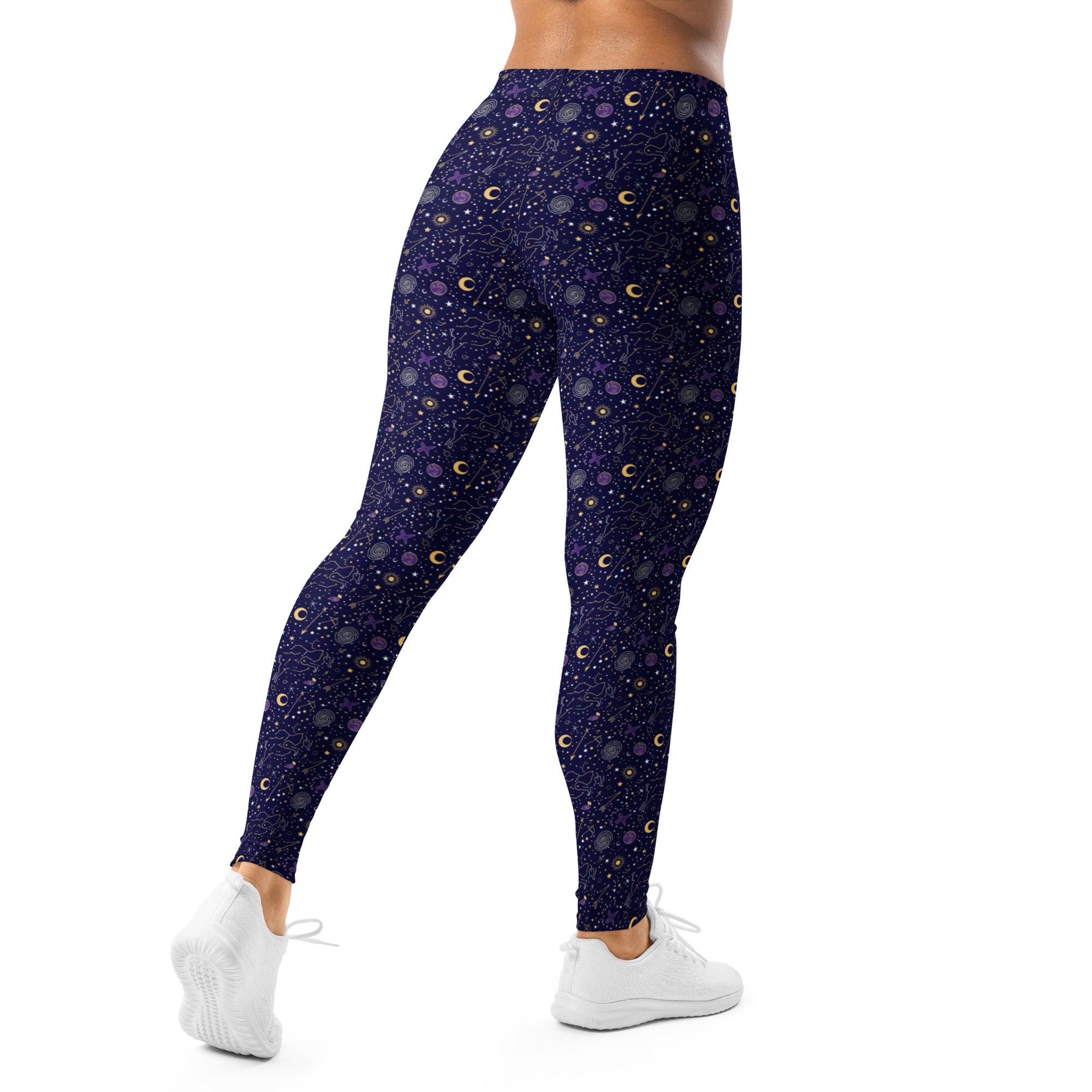 Detailed Sagittarius constellation design on premium GearBunch Leggings, showcasing midnight blue, gold and ivory hues.