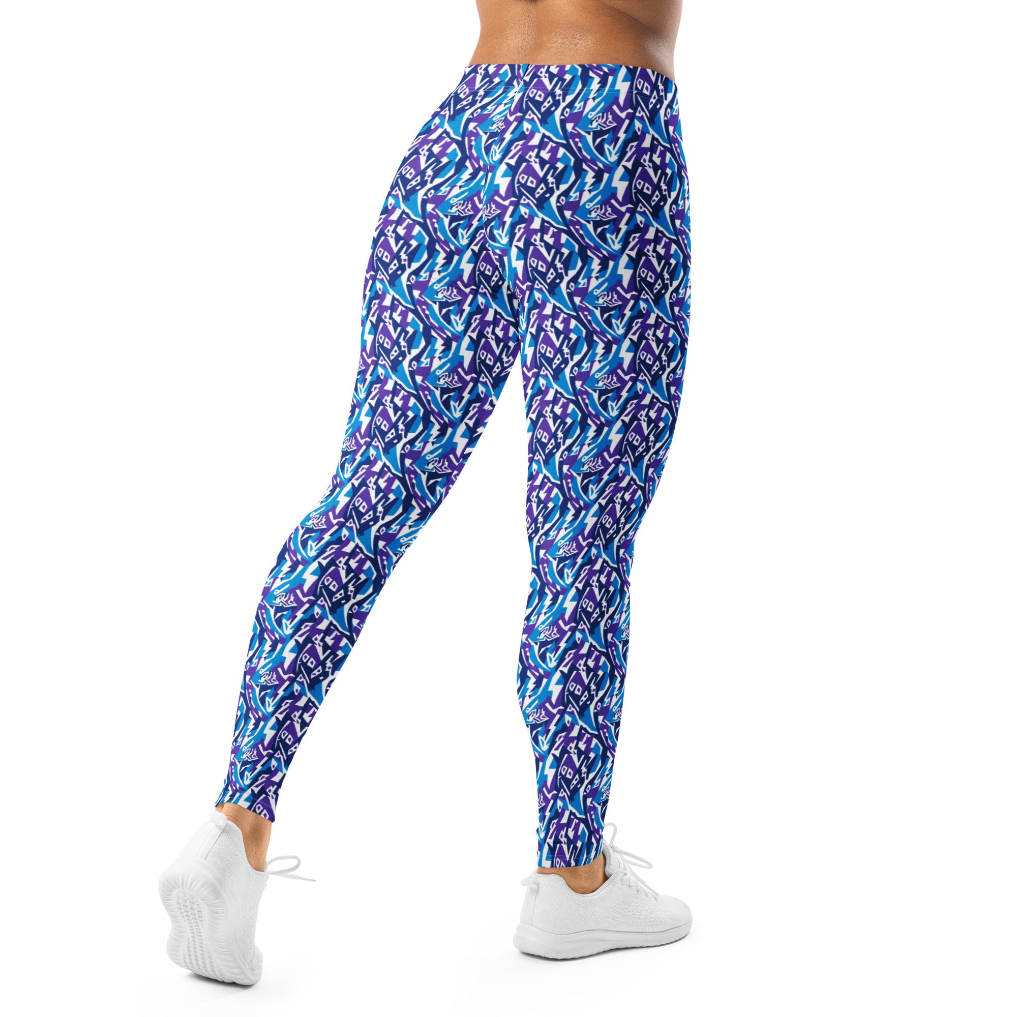 Aquarius Electric Waves Leggings, vibrant blue, purple, and white abstract design, GearBunch Leggings