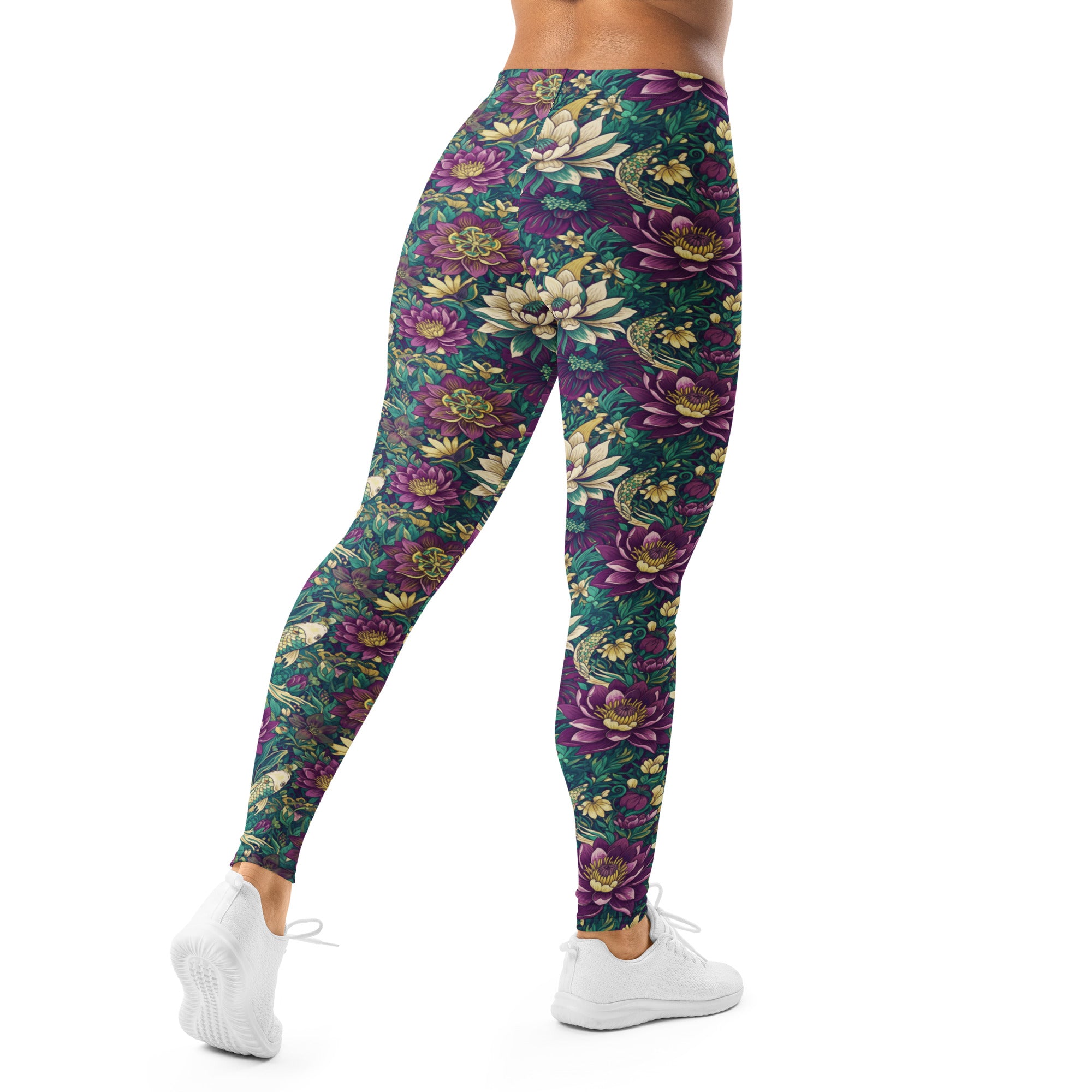 GearBunch Leggings featuring a Pisces Koi floral design in purple, green, and amber tones. High-performance and stylish activewear.
