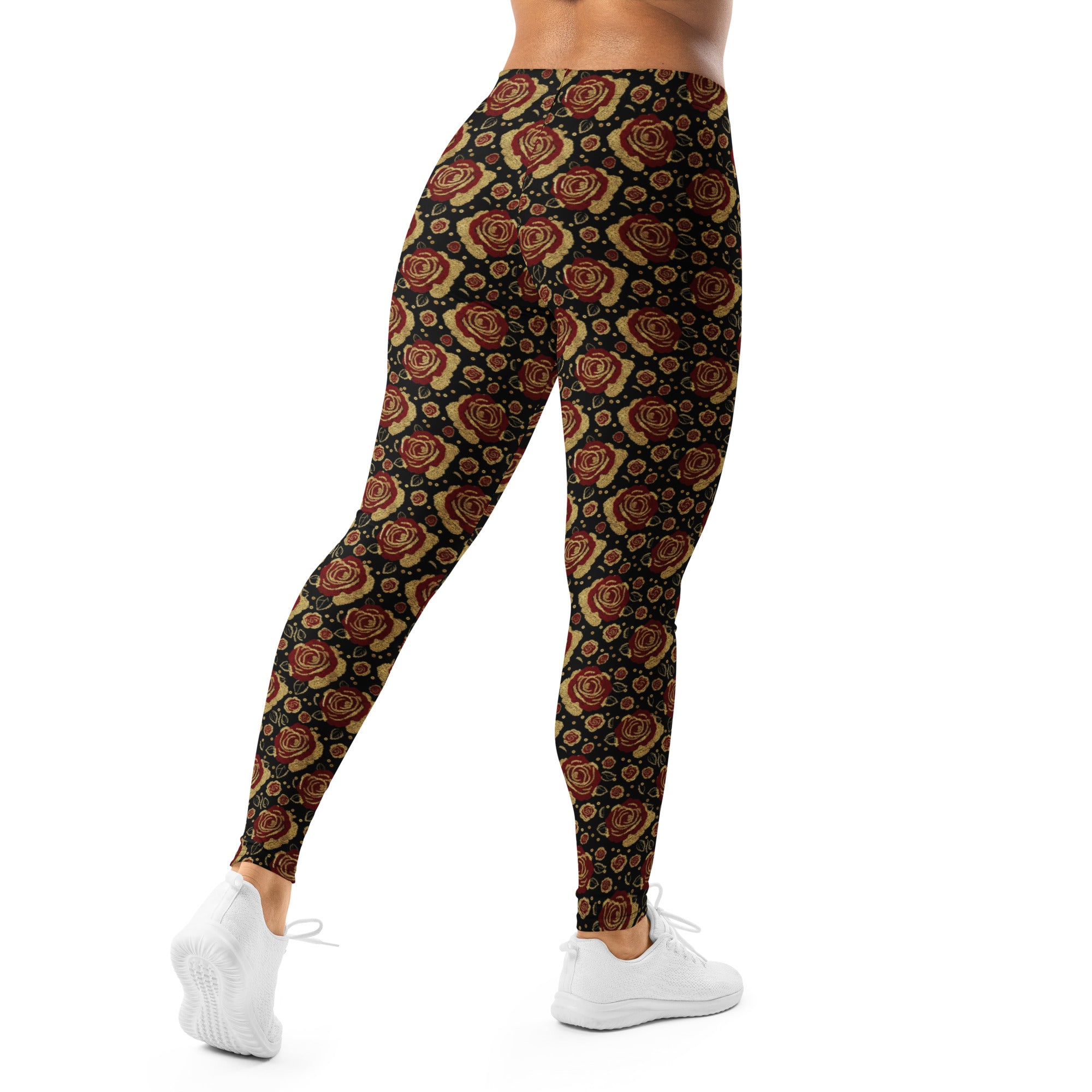 Gold Paillette Rose Leggings from GearBunch, featuring gold and rose accents on a dark background.