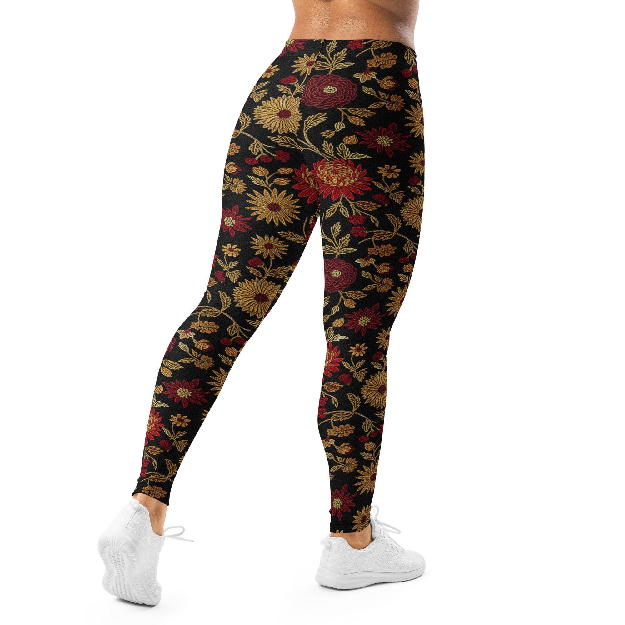 Close-up of the Gold Paillette Rose Garden Leggings, showcasing the intricate floral design. GearBunch Leggings.