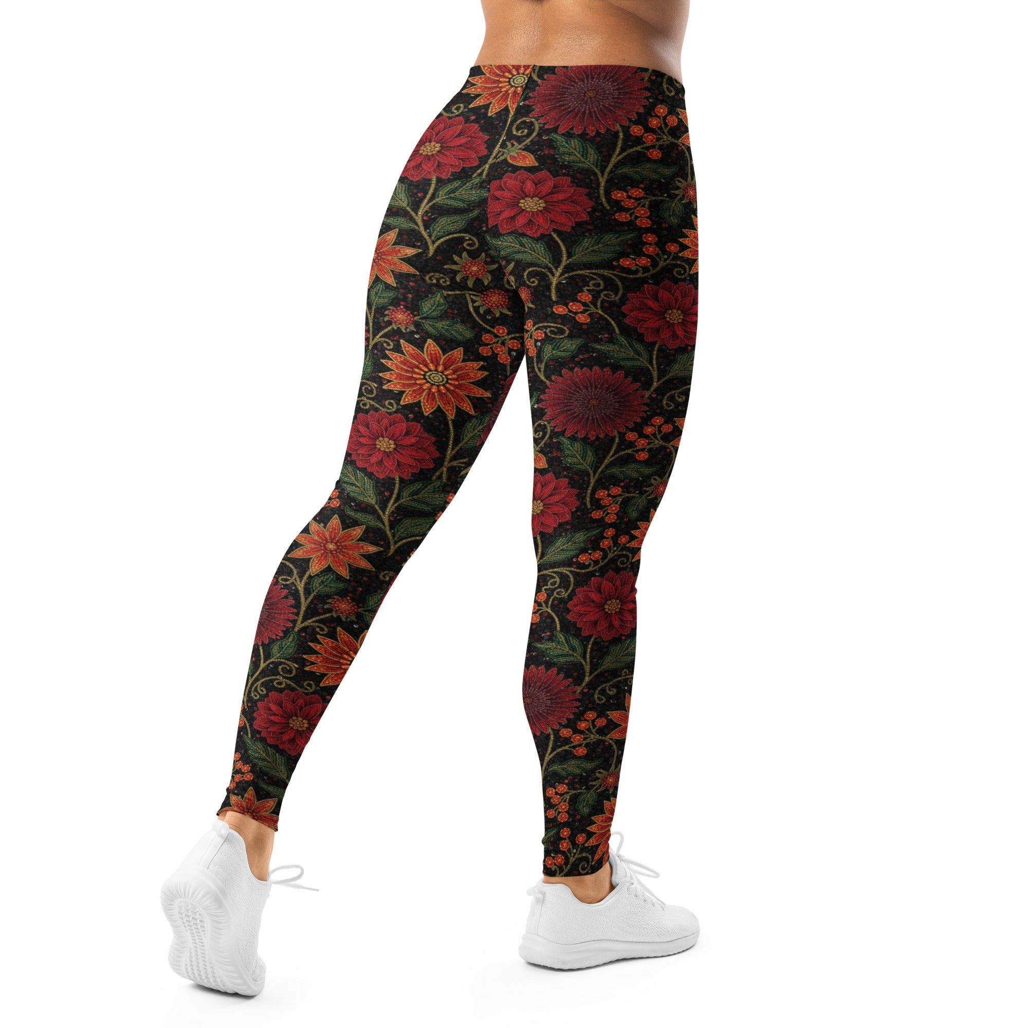 Close-up of the Crimson Fantasy Leggings, showcasing the intricate floral pattern and vibrant colors on premium GearBunch Leggings.
