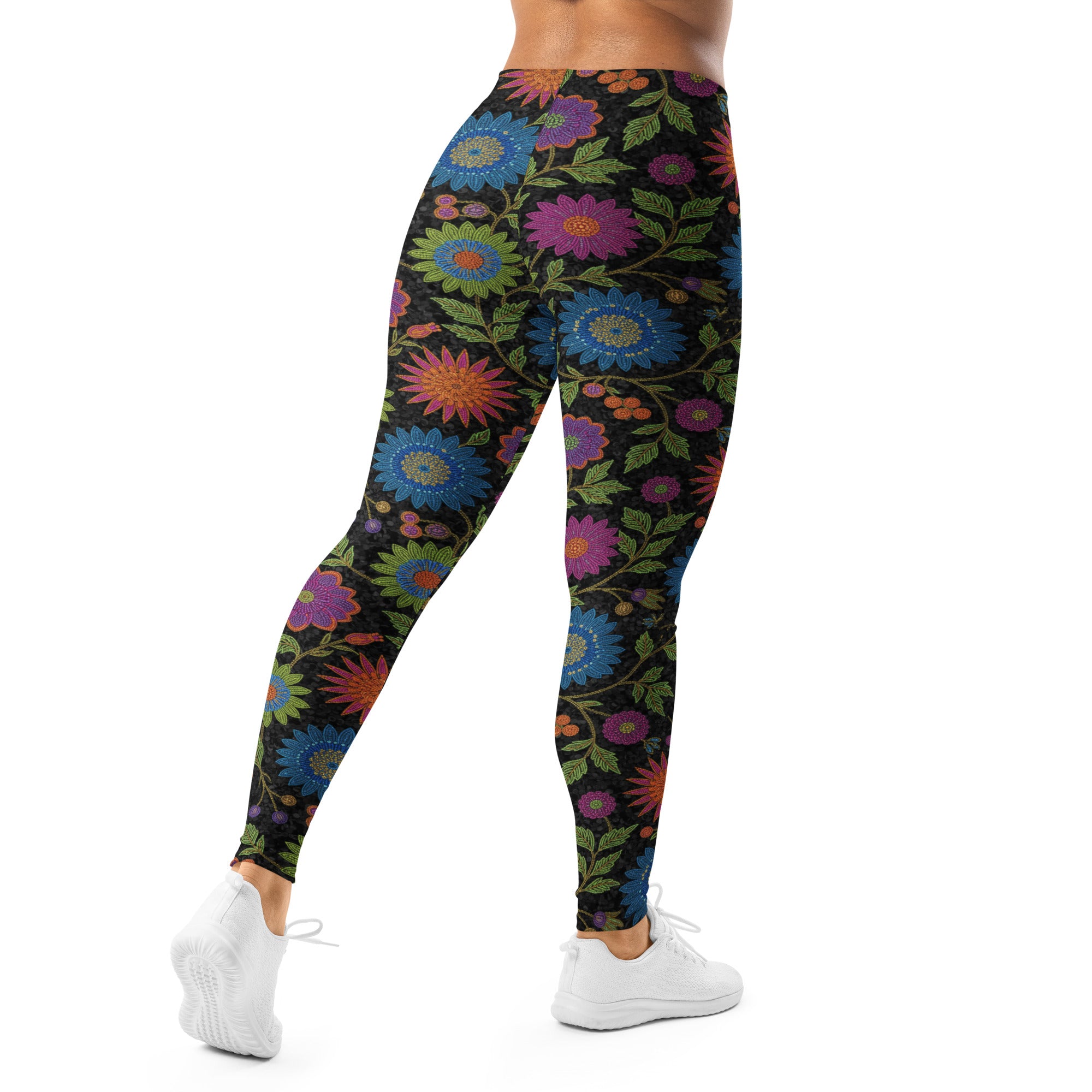 Close-up of vibrant fantasy floral print on Rainbow Paillette Botanical Leggings, GearBunch Leggings.
