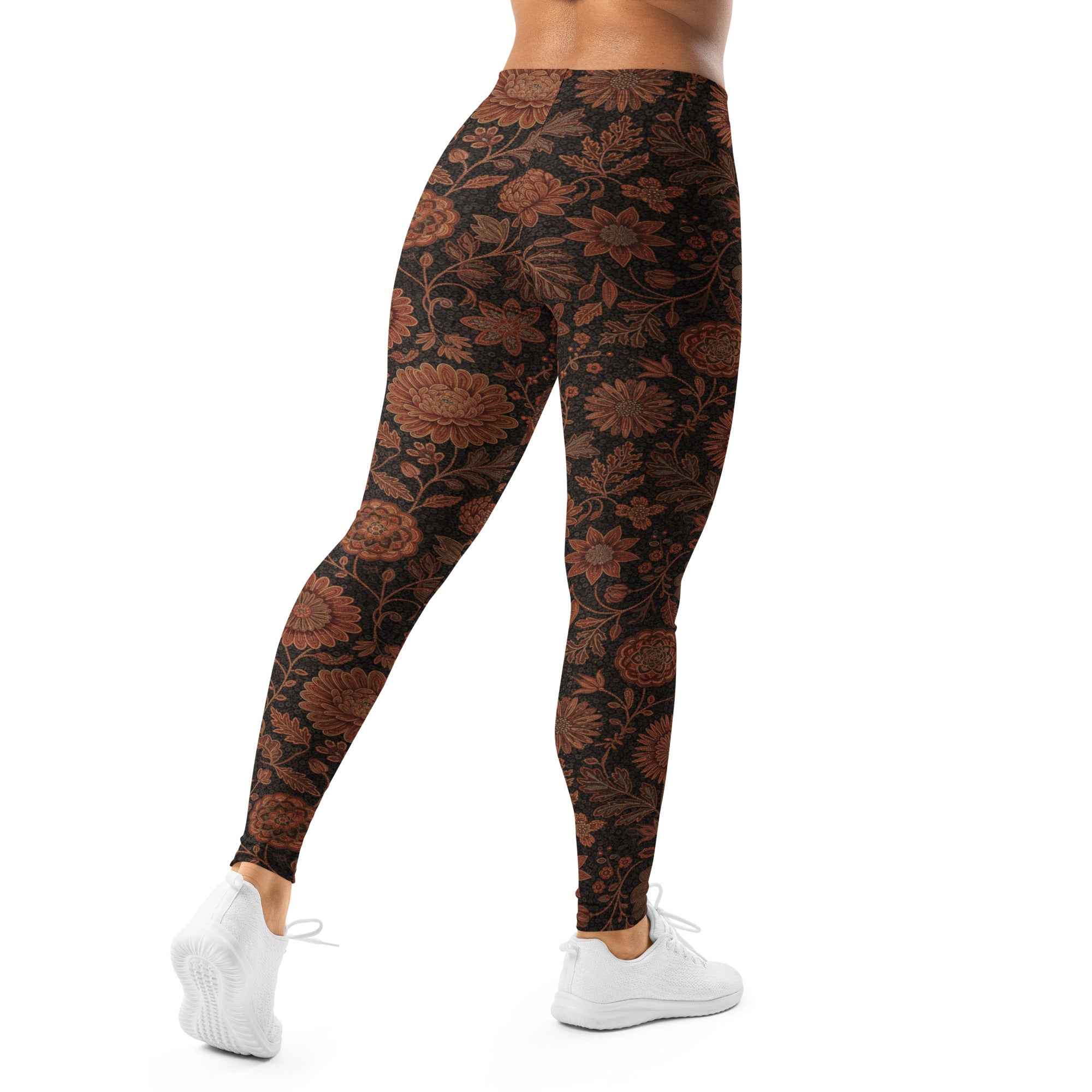 Detailed view of Copper Paillette Baroque Leggings from GearBunch, showcasing the intricate floral design and rich colors.