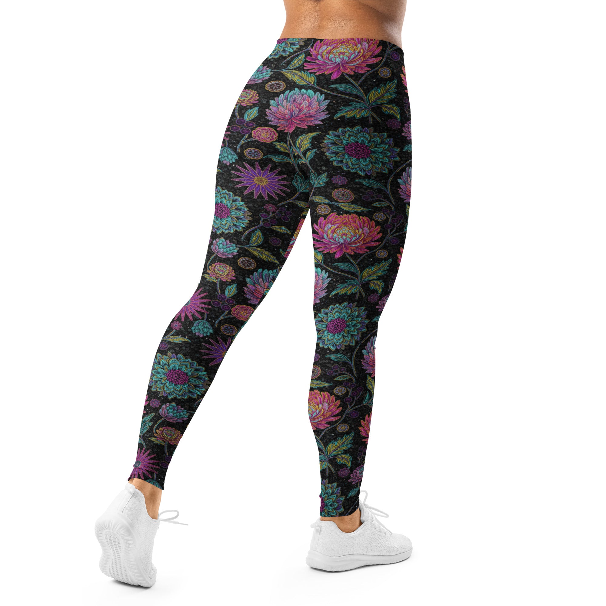 Close-up of holographic paillette floral print on GearBunch Leggings. Maximalist design with iridescent colors.
