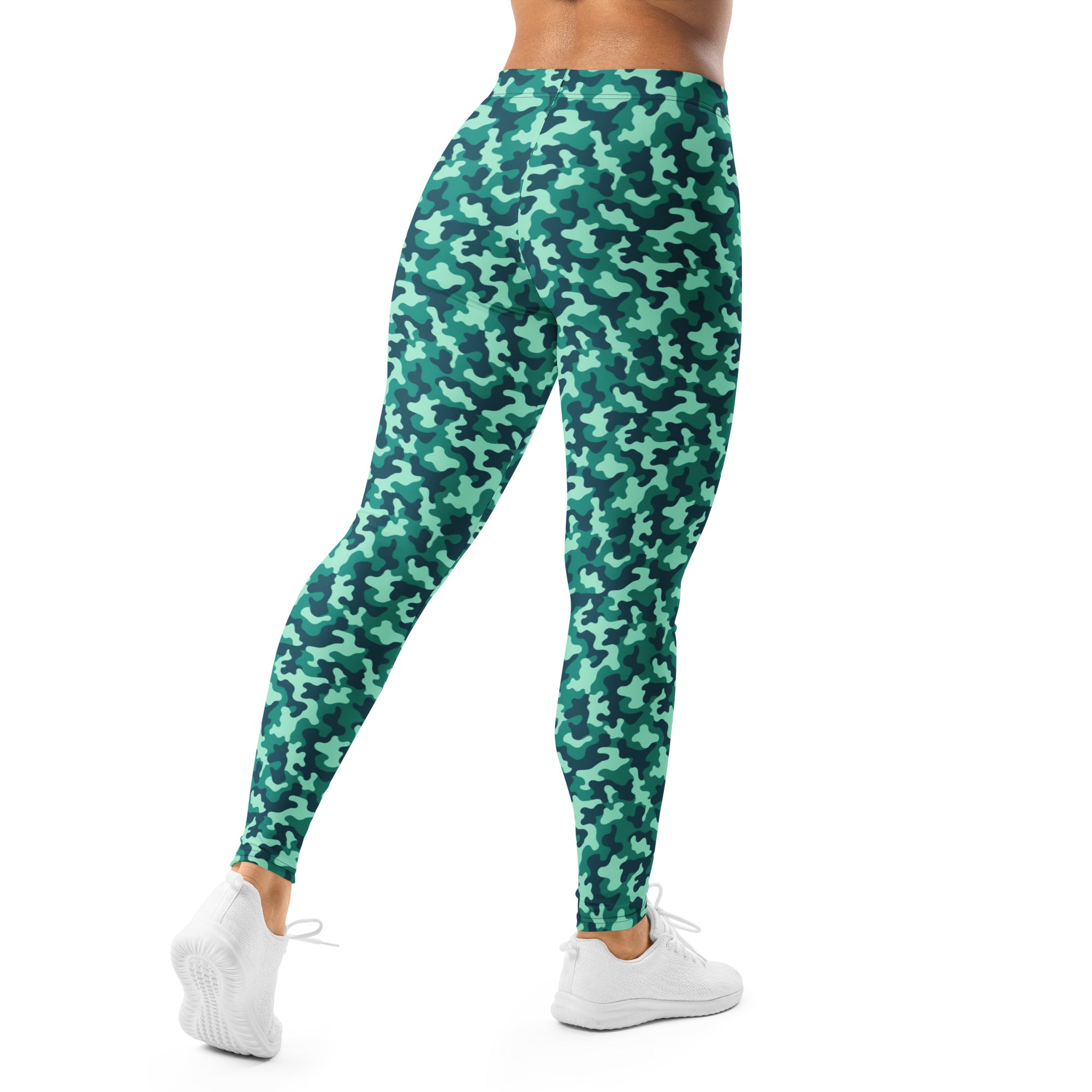 GearBunch Ocean Teal Camo Leggings featuring a camo print in teal, aqua, and green tones