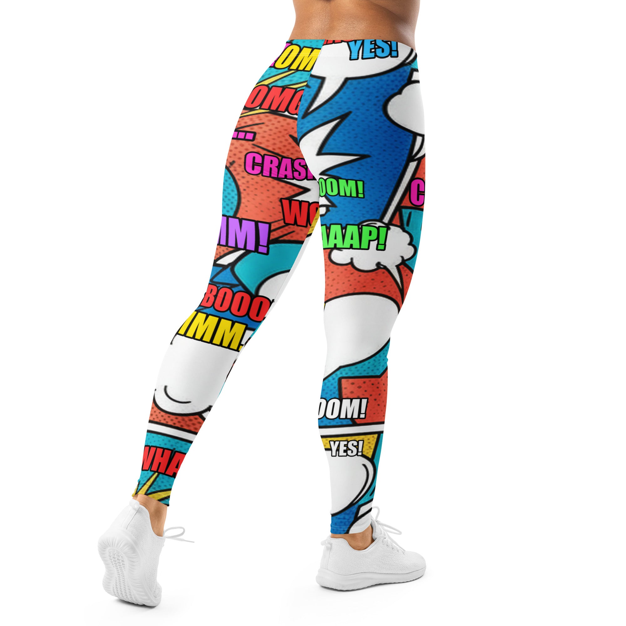 Women's comic strip surf kapow printed leggings front view