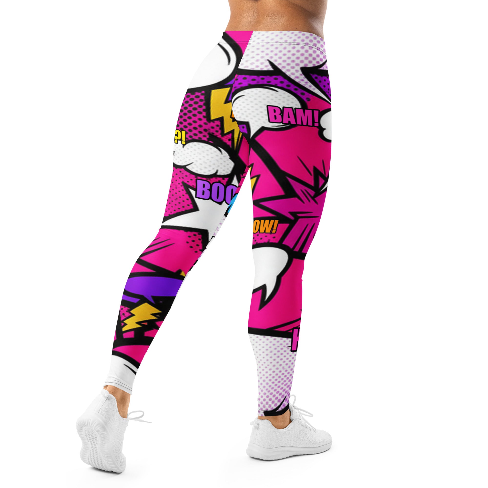 Women's comic strip girl power printed leggings front view