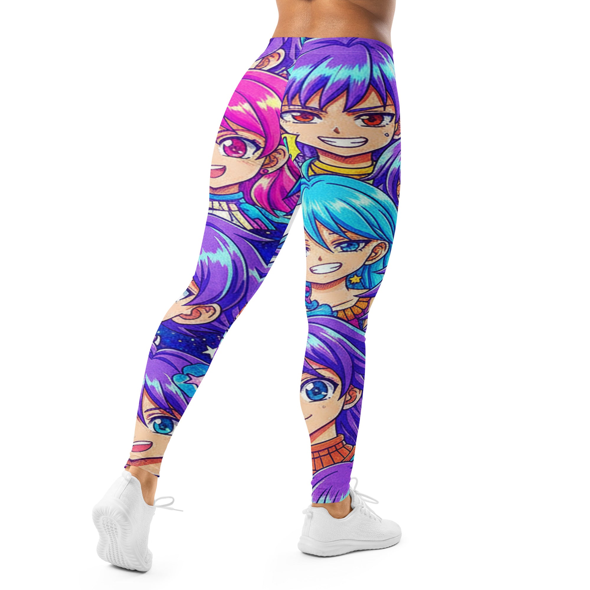 Women's anime collage galaxy hero printed leggings front view