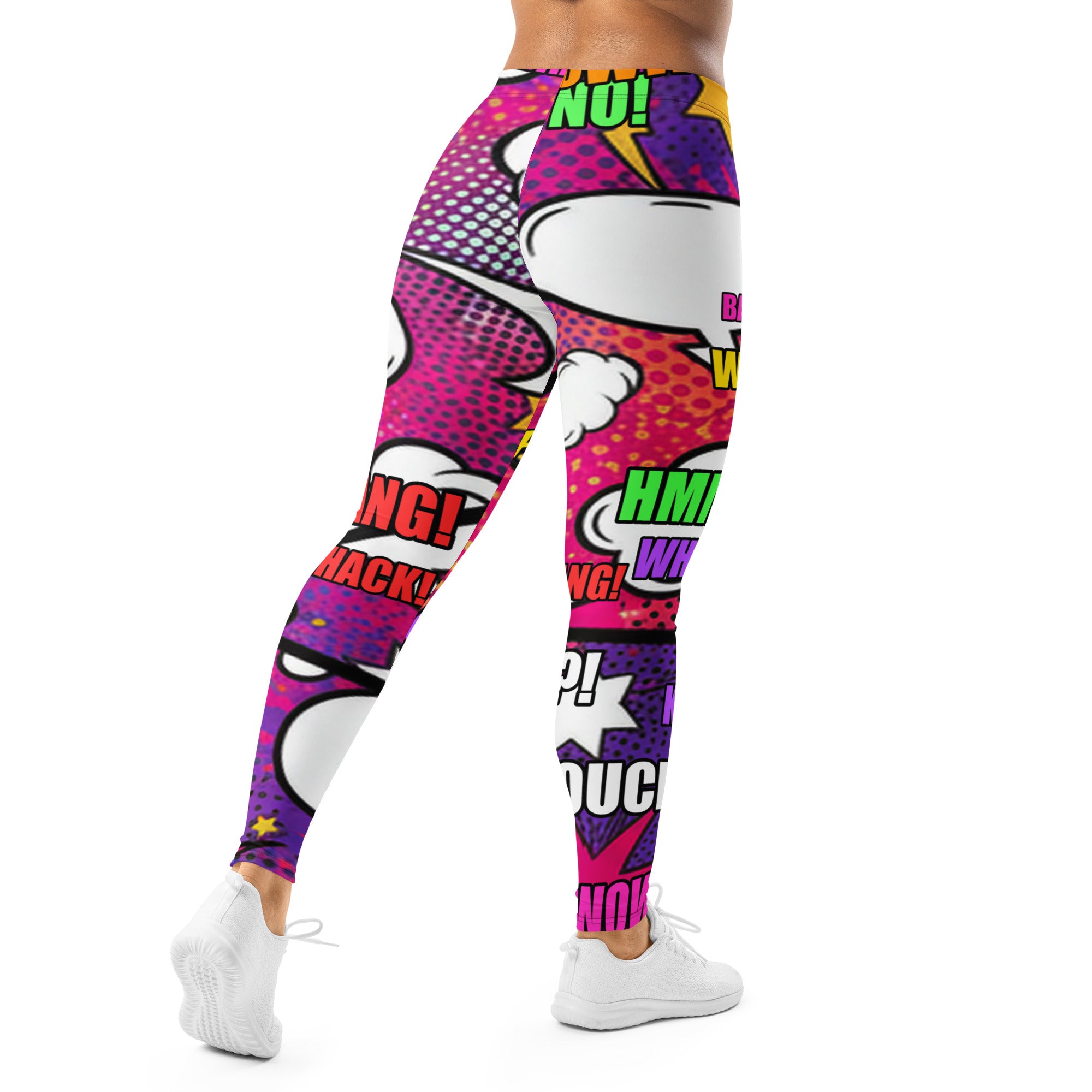Women's comic strip girl power printed leggings front view