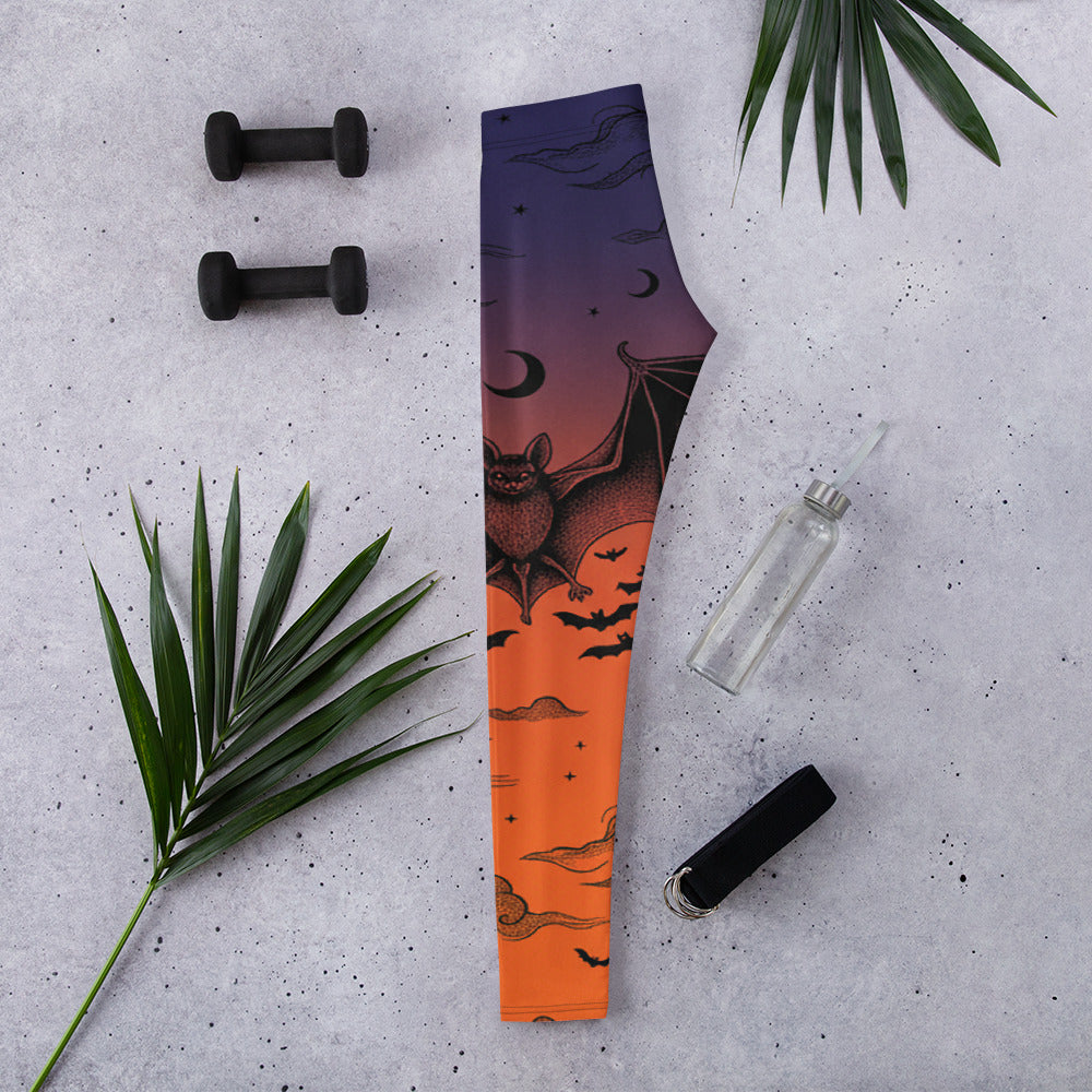 Women's bat swarm twilight printed leggings front view