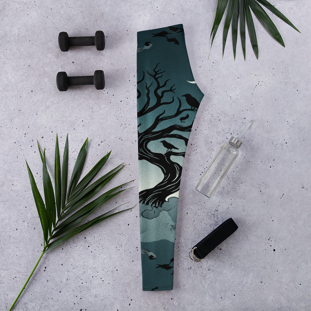Women's haunted forest silhouette printed leggings front view