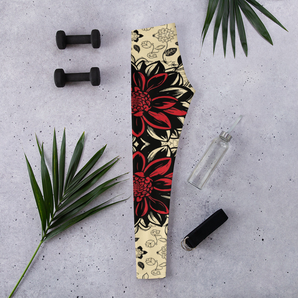Women's black dahlia bloom printed leggings front view