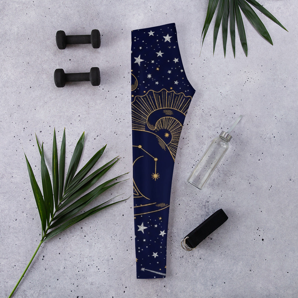 Detailed all-over print of celestial cats and constellations on midnight blue Black Cat Constellation Leggings by GearBunch